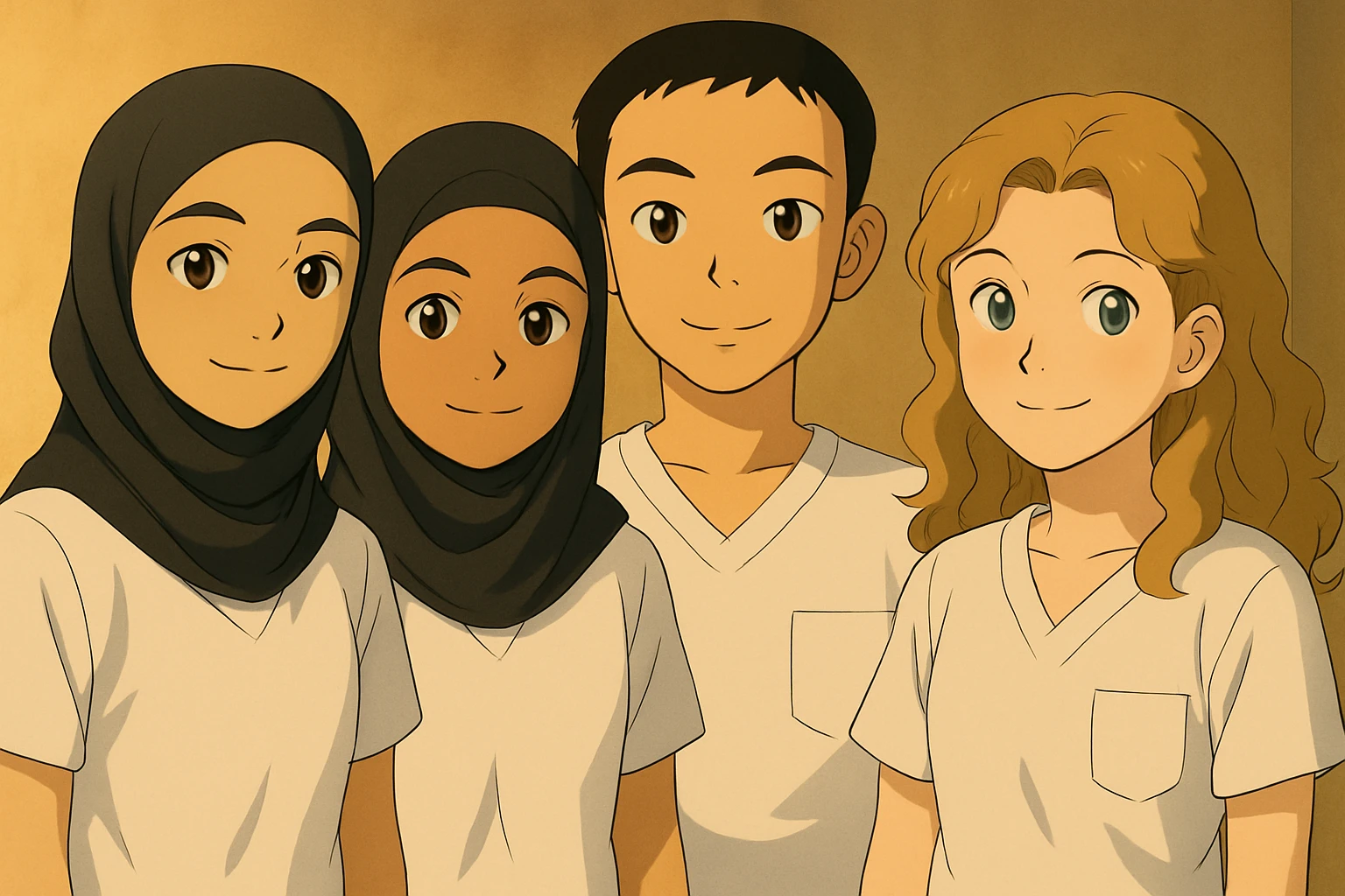 Edit the image to make the first girl on the left the same size as the girls on the right while preserving the original faces and expressions. Generate multiple natural and harmonious variants with slight posture adjustments to keep the group looking natural and cohesive. emoji