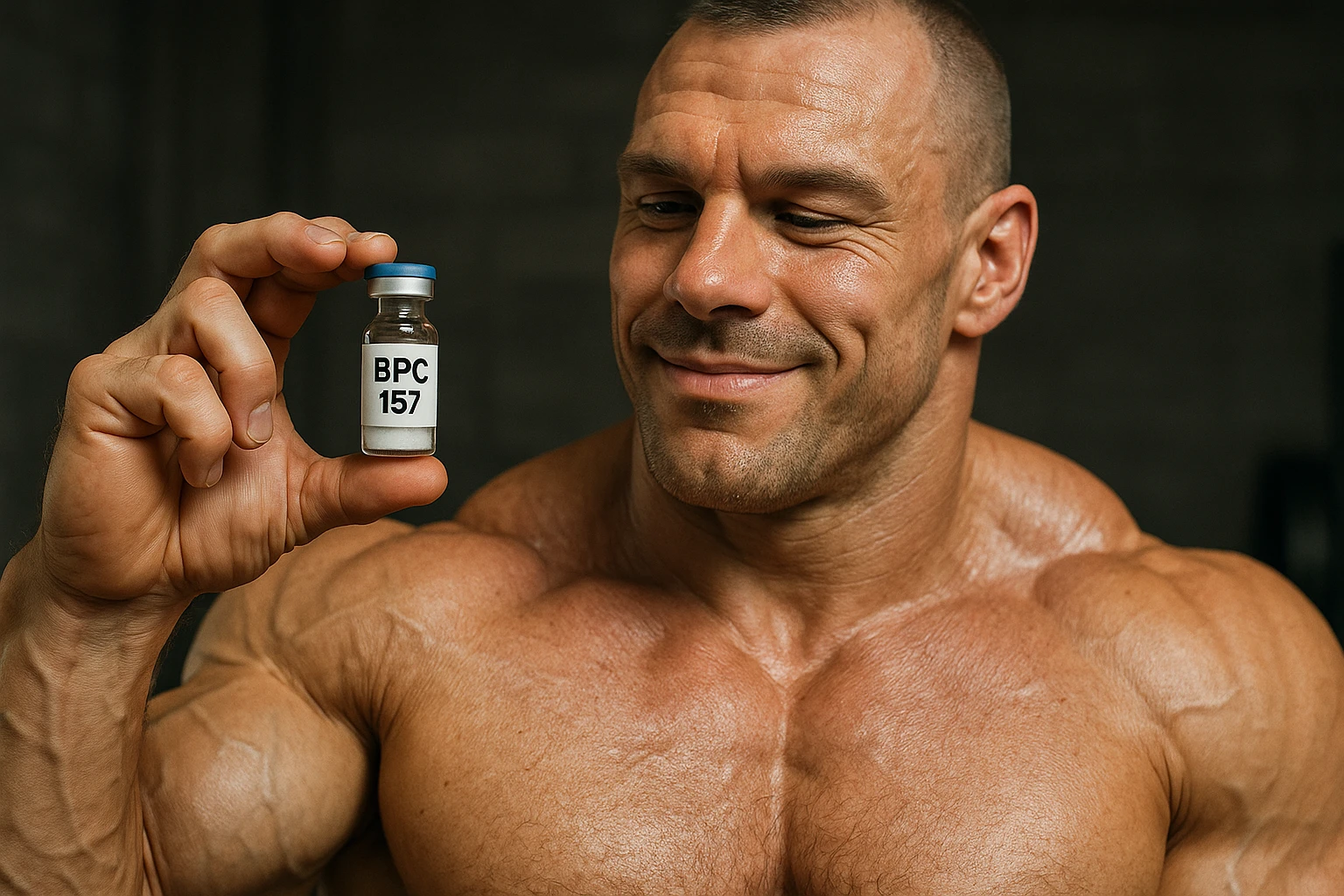 BODYBUILDER A FIGURA INTERA CHE TIENE IN MANO UNA FIALA MEDICA CON la scritta "BPC 157" SULL'ETICHETTA E LA GUARDA SODDISFATTO, iperrealistico 4k emoji