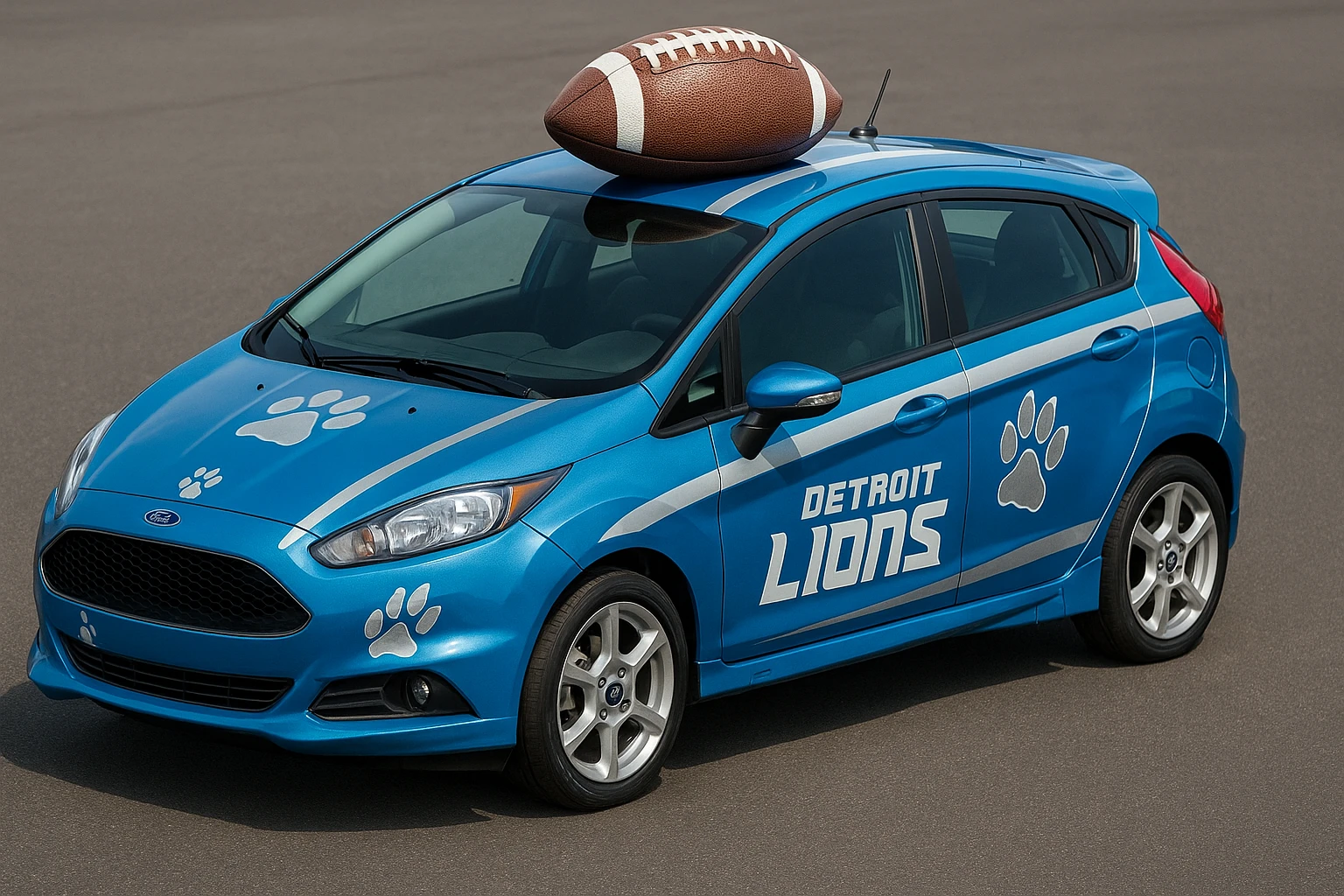 A compact Ford car with Detroit Lions theme, blue and silver stripes, lion paw prints, and a football on the roof. emoji