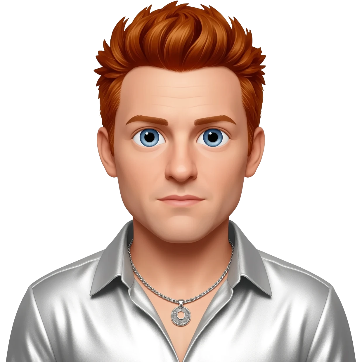 Brian Littrell from Backstreet Boys with blue eyes, reddish blonde hair, white metallic shirt, silver necklace emoji