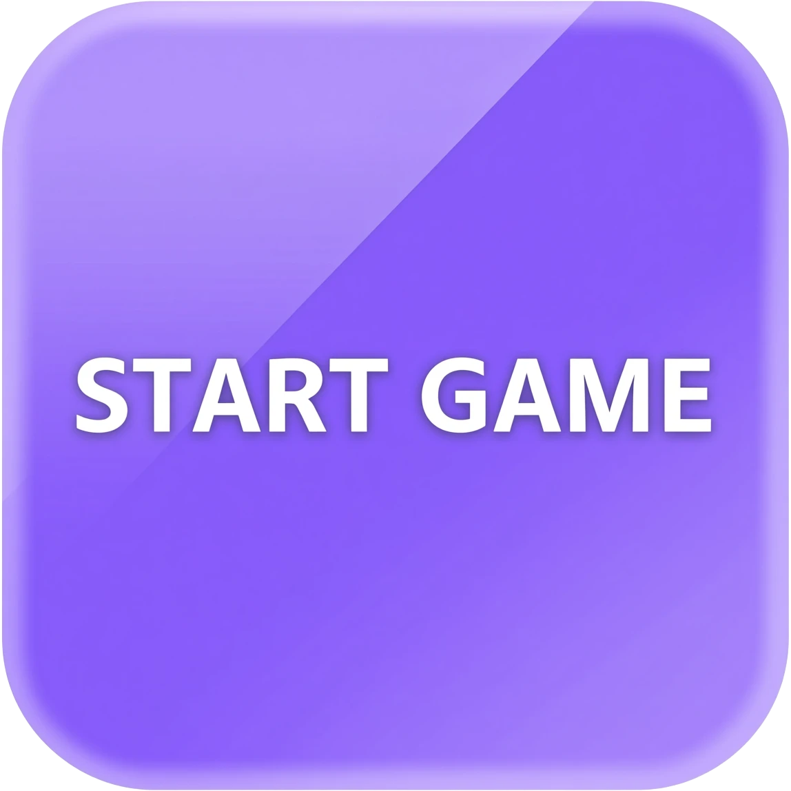 minimal UI button "START GAME", white liquid glass style button, glossy translucent glass surface, soft reflections, smooth rounded corners, inside a lilac / violet rounded rectangle background, modern mobile game UI, subtle glow, soft shadows, clean typography, centered composition, high contrast emoji