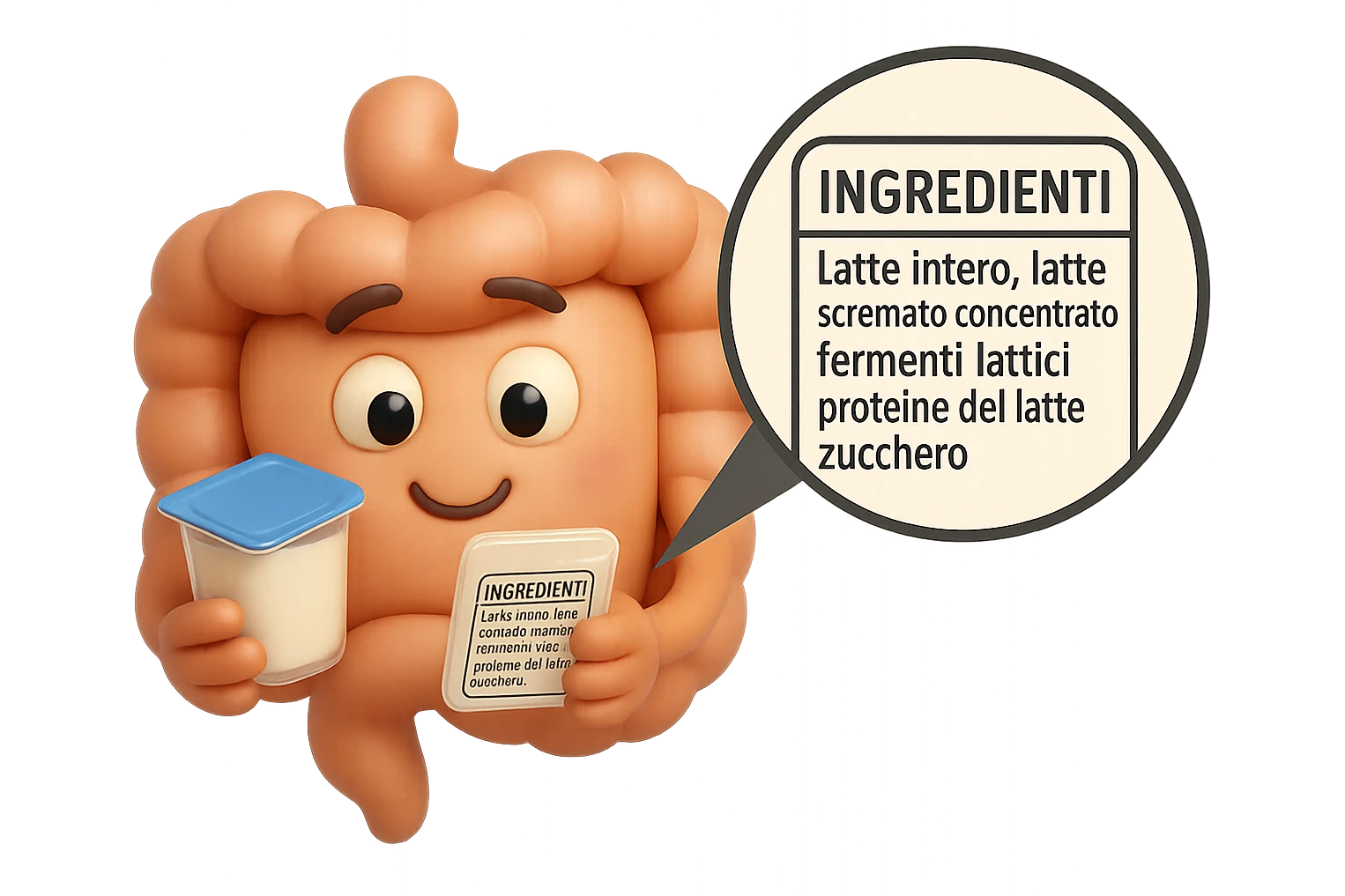 EMOJI STILE IPHONE 3D DI UN INTESTINO CHE HA IN MANO UN BARATTOLO DI YOGURT CONFEZIONATO DA SUPERMERCATO E LEGGE L'ETICHETTA NUTRIZIONALE CON GLI INGREDIENTI IN ITALIANO, ACCANTO ALLO YOGURT CHE HA IN MANO C'è UN FOCUS SULL'ETICHETTA CON GLI INGREDIENTI SCRITTI emoji