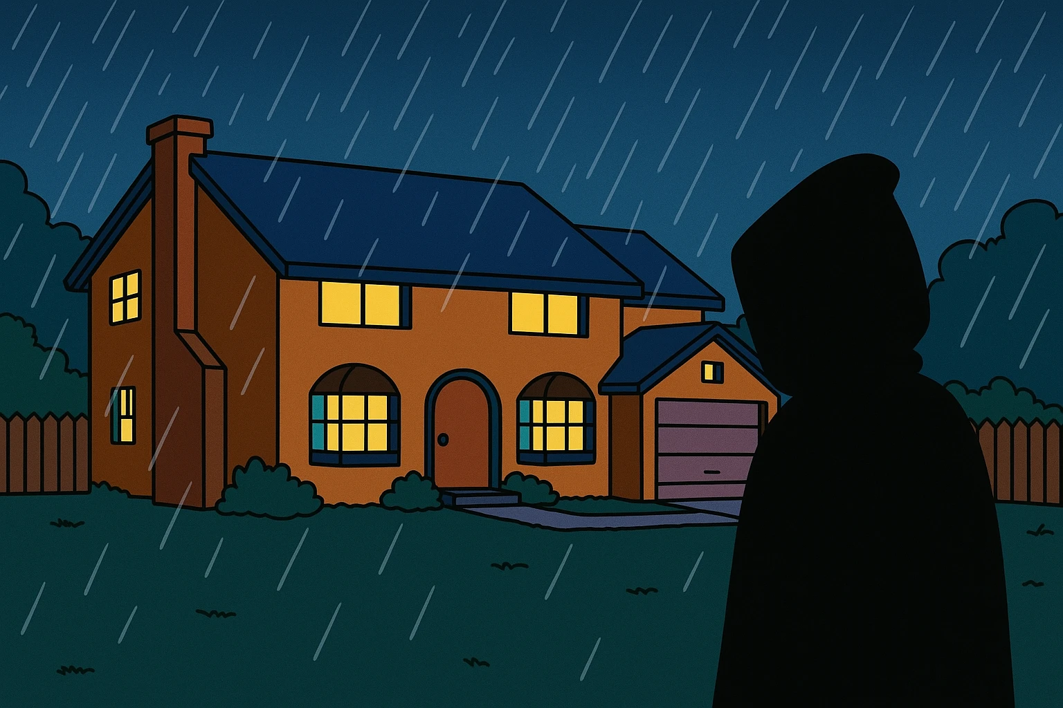 Springfield sous la pluie, la nuit. Une silhouette encapuchonnée observe la maison des Simpson. emoji