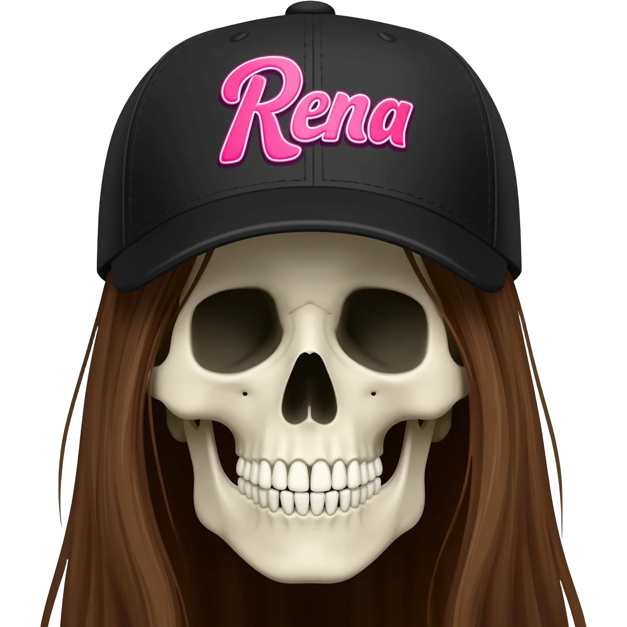 Create a skeleton head wearing a black baseball cap that says "Rena" in pink lettering, with long brown hair emoji