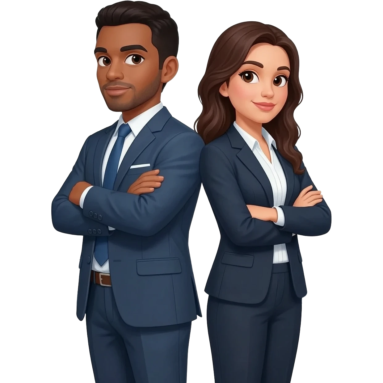 Un homme et une femme métisse, dos à dos, bînome de travail de bureau emoji