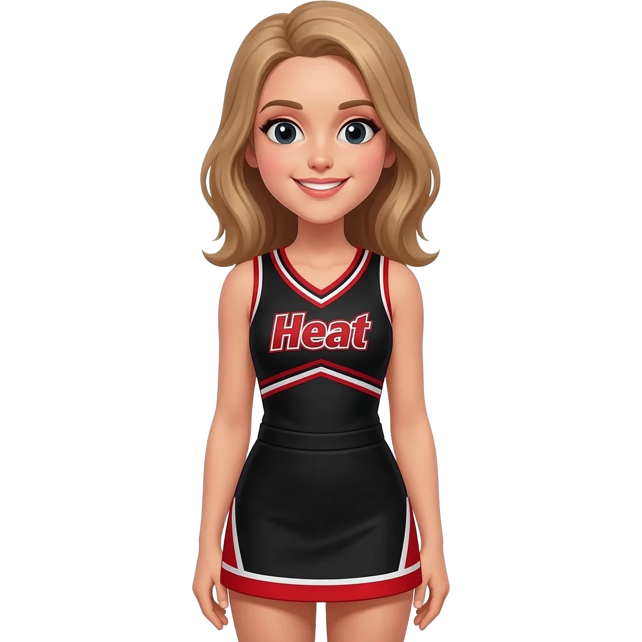 Cheerleader in black and red uniform that says heat emoji