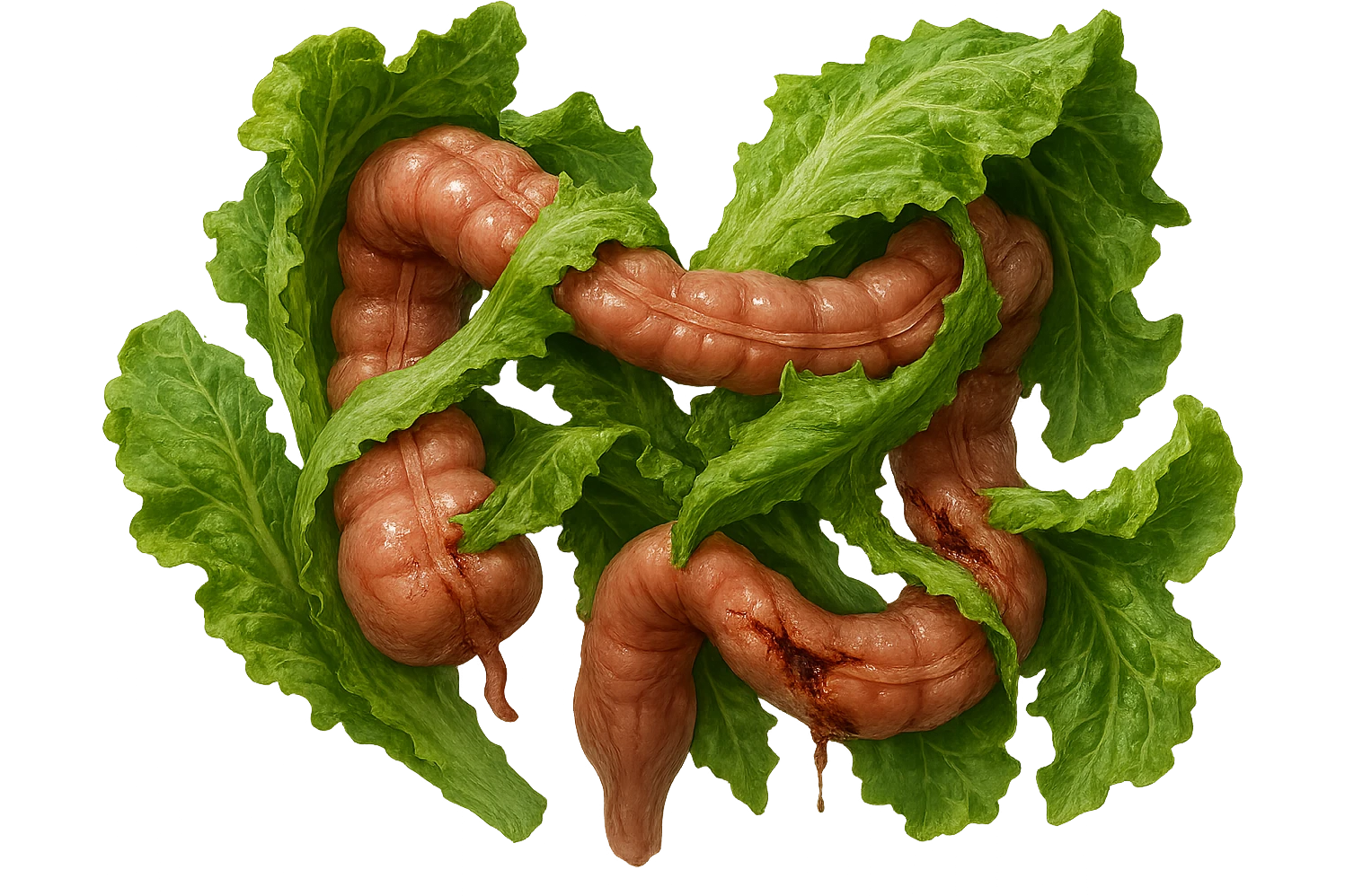 foglie di insalata che attaccano un intestino anatomico umano per distruggerlo, iperrealistico emoji