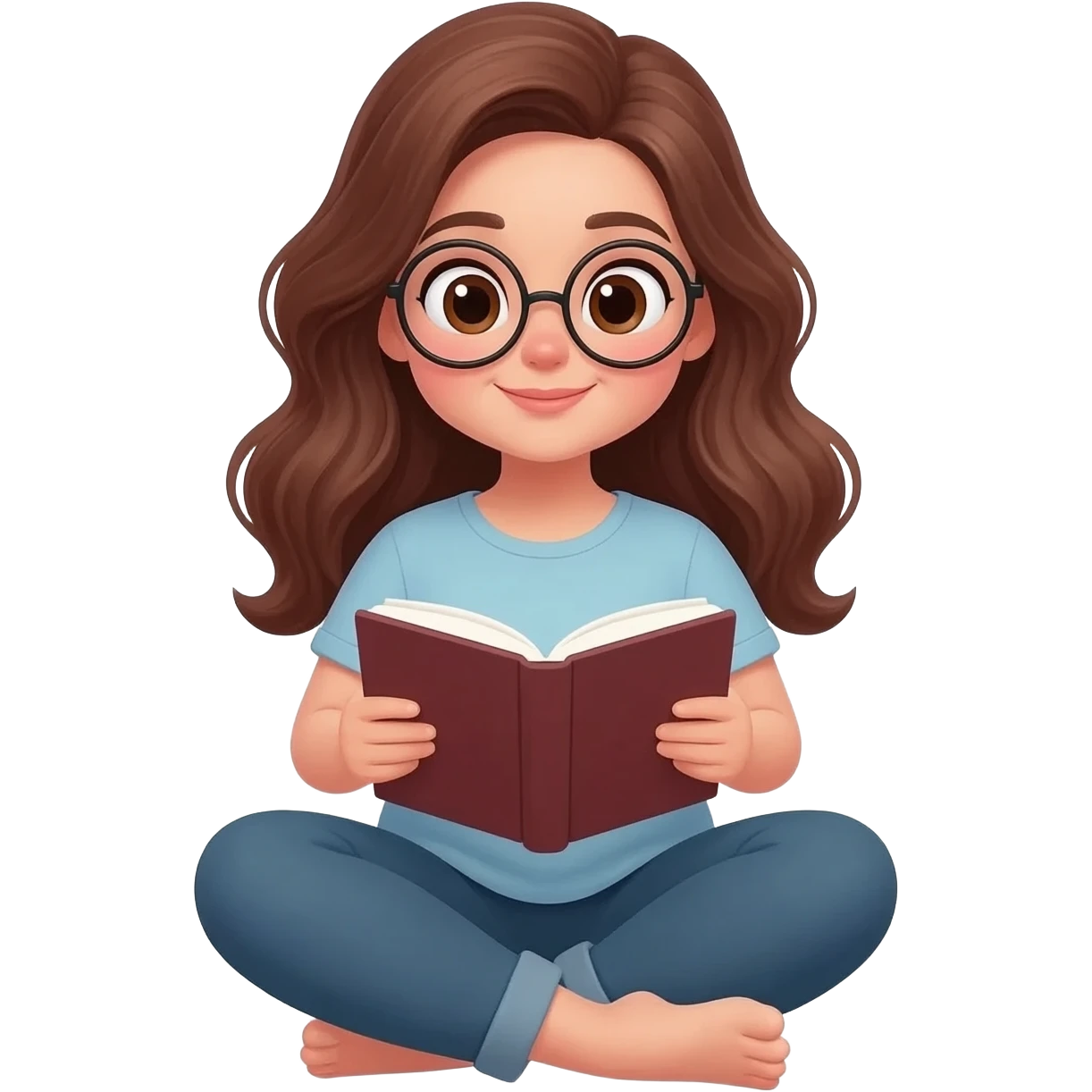 detailed emoji illustration of a curvy woman with long chestnut brown wavy hair, big light brown eyes and round glasses, sitting cross-legged and reading a book, cute emoji style emoji