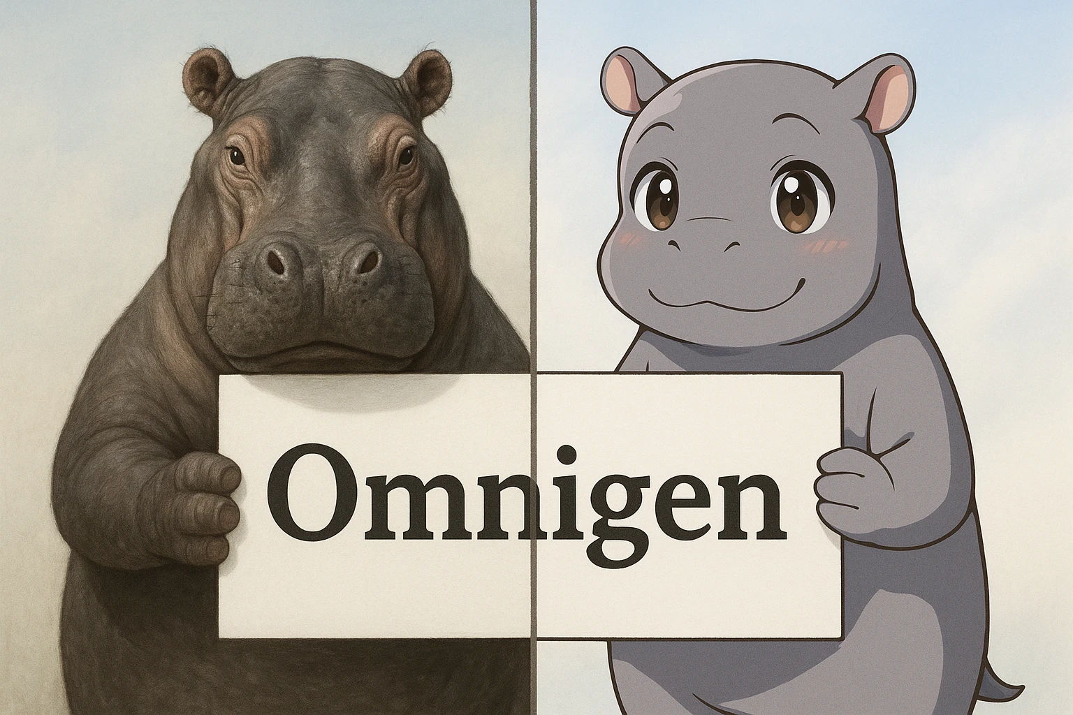 two hippo holding sign of omnigen, half picture 1 hippo is realistic another half is the anime of that same second hippo, with before after mark emoji