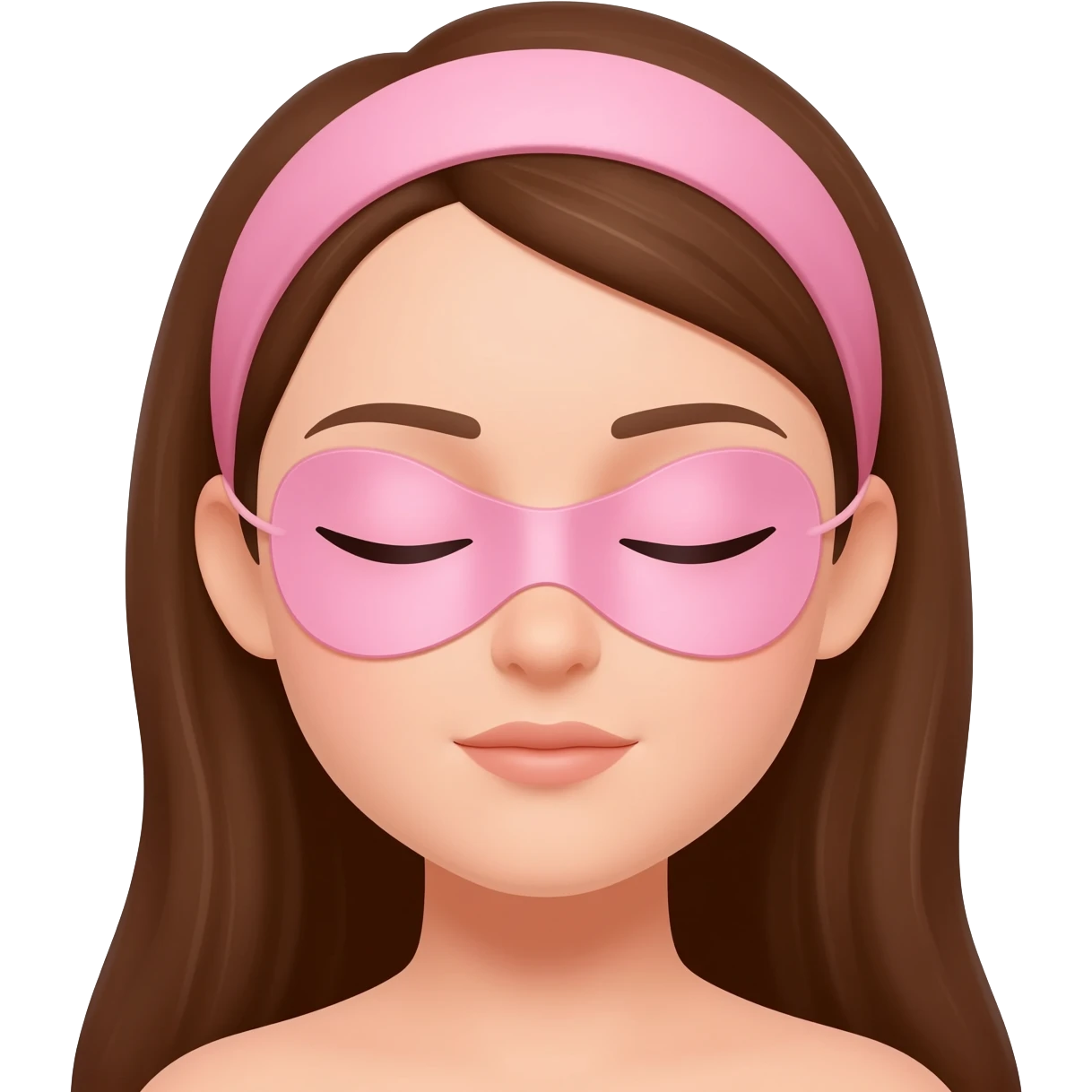 A woman with brown hair, eyes closed, calm and neutral expression, not smiling, wearing a pink headband, wearing pink eye patches under her eyes, simple emoji style, flat 2D render, pastel colors, white background emoji