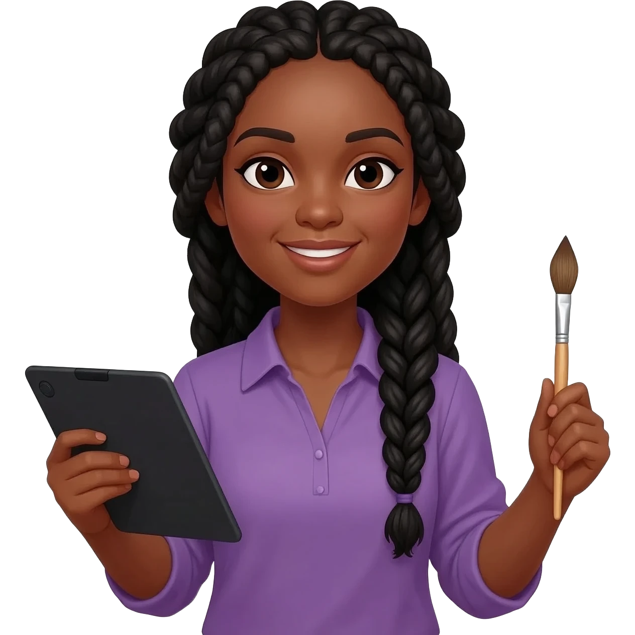 Emoji représentant une femme à la peau marron avec de longues braids noires et portant une belle chemise violette, tenant une tablette graphique dans une main et un pinceau dans l’autre emoji