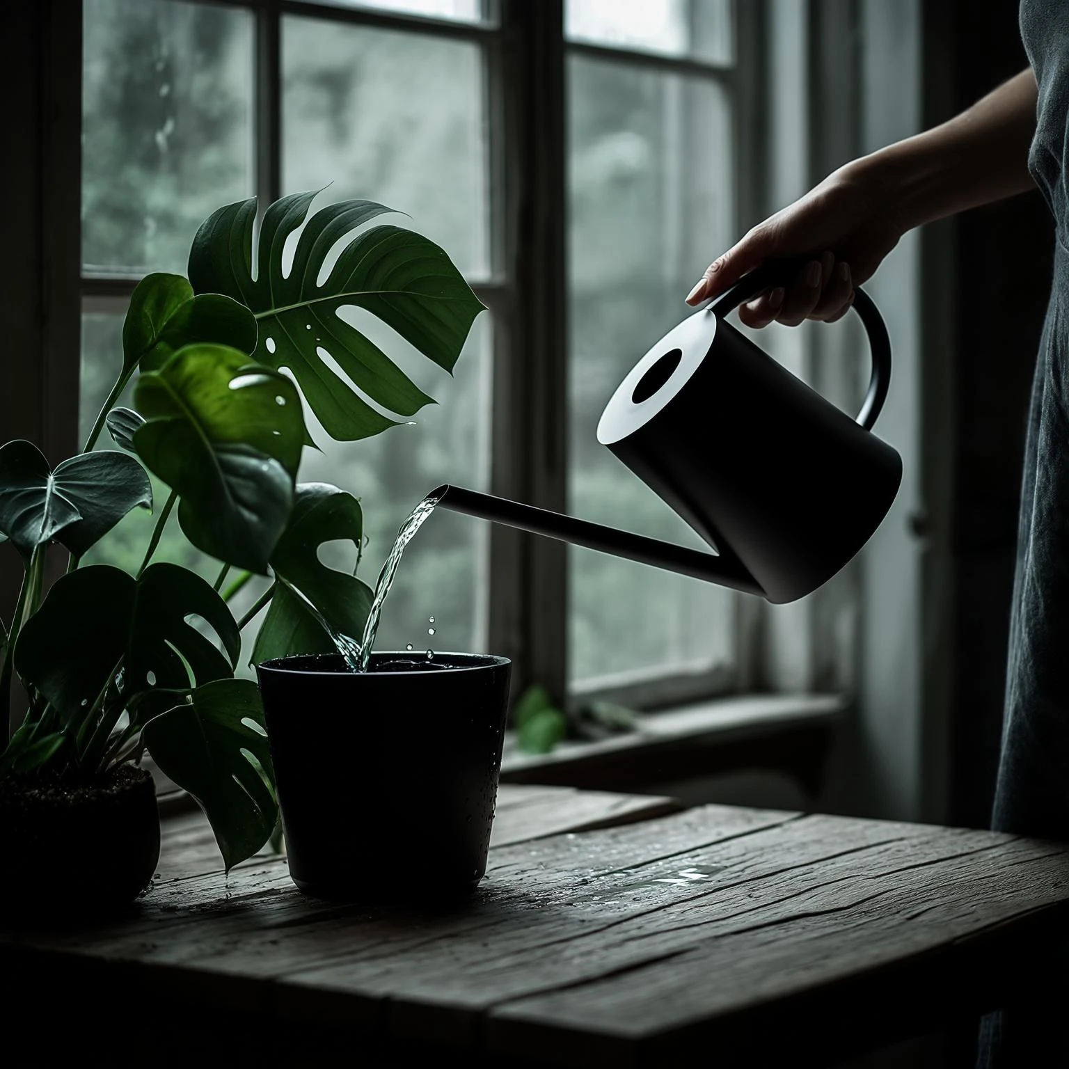 woman watering her monstera plant emoji
