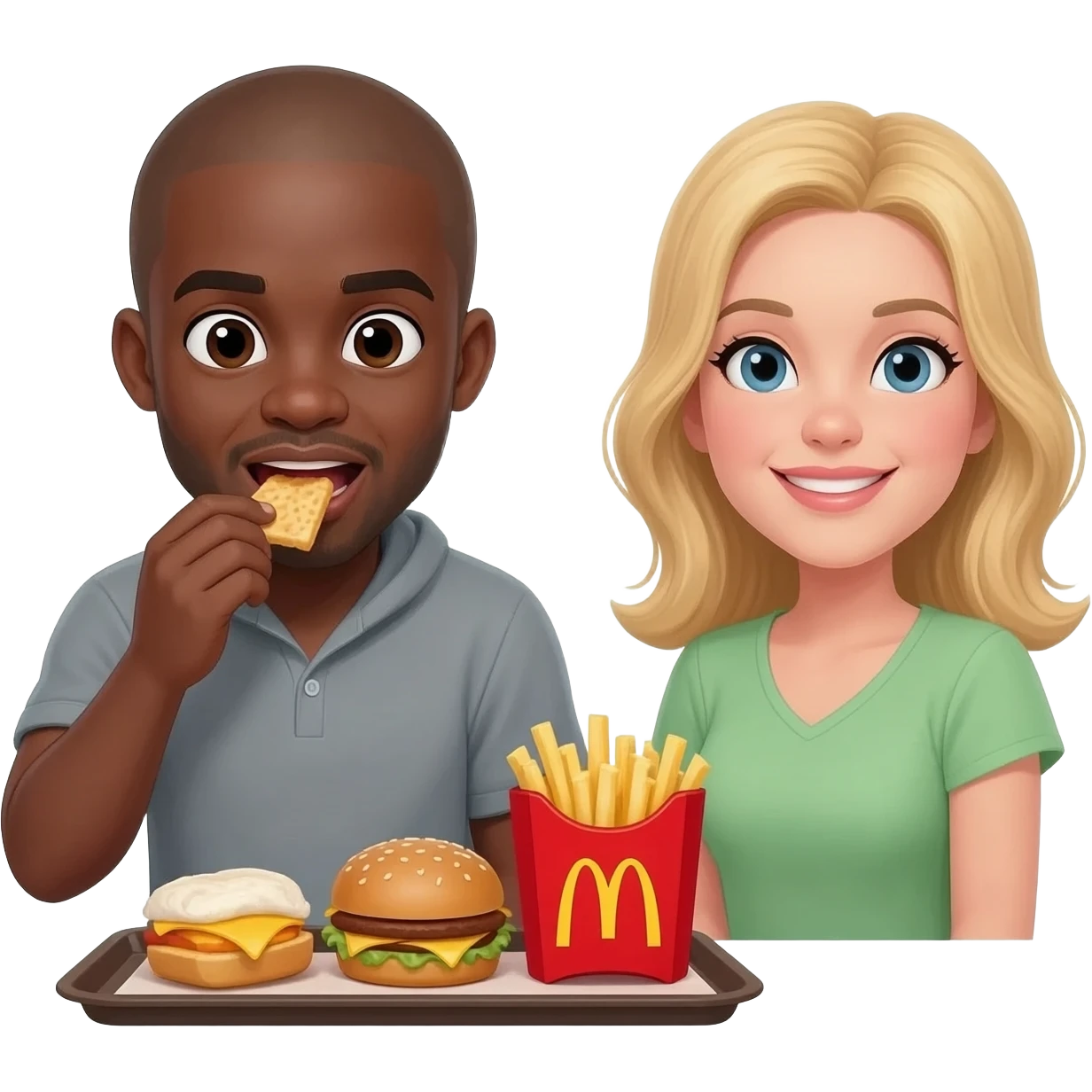Black man with shaved head eating McDonald's with blonde woman emoji