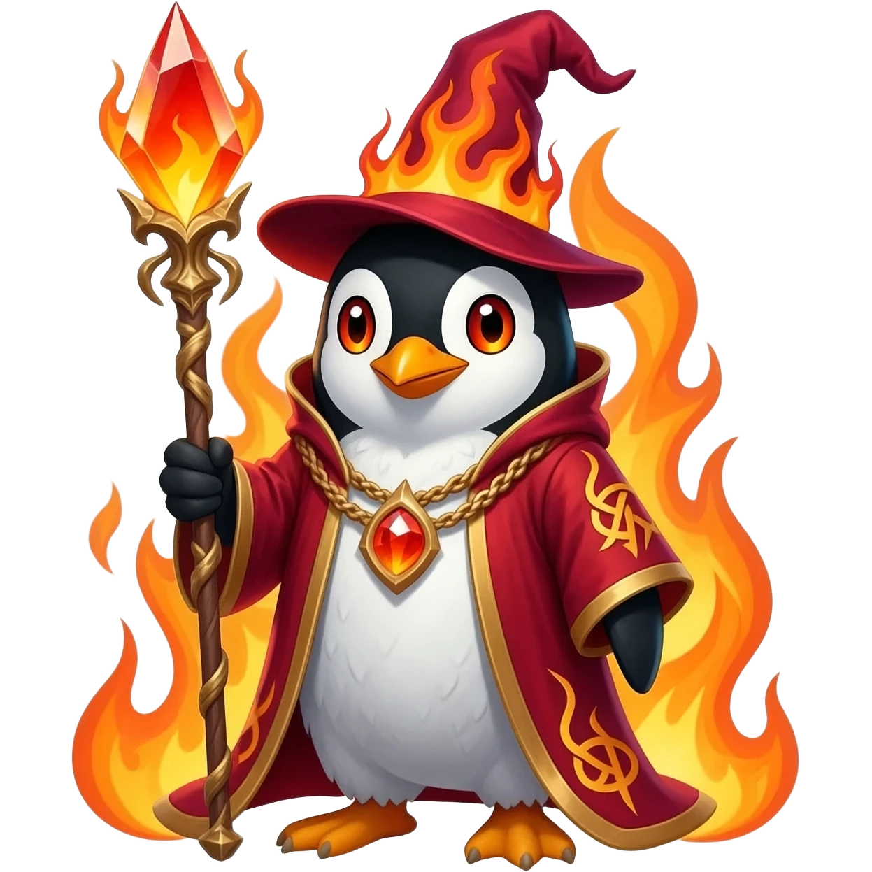 Vibrant fire wizard penguin with black-and-white feathers and glowing fiery-orange eyes. Wearing crimson-and-gold robes with flaming runes and tall wizard hat with burning embers. Holding ornate staff with blazing crystal orb. Swirling orange flames and embers emanate from its body and wings emoji