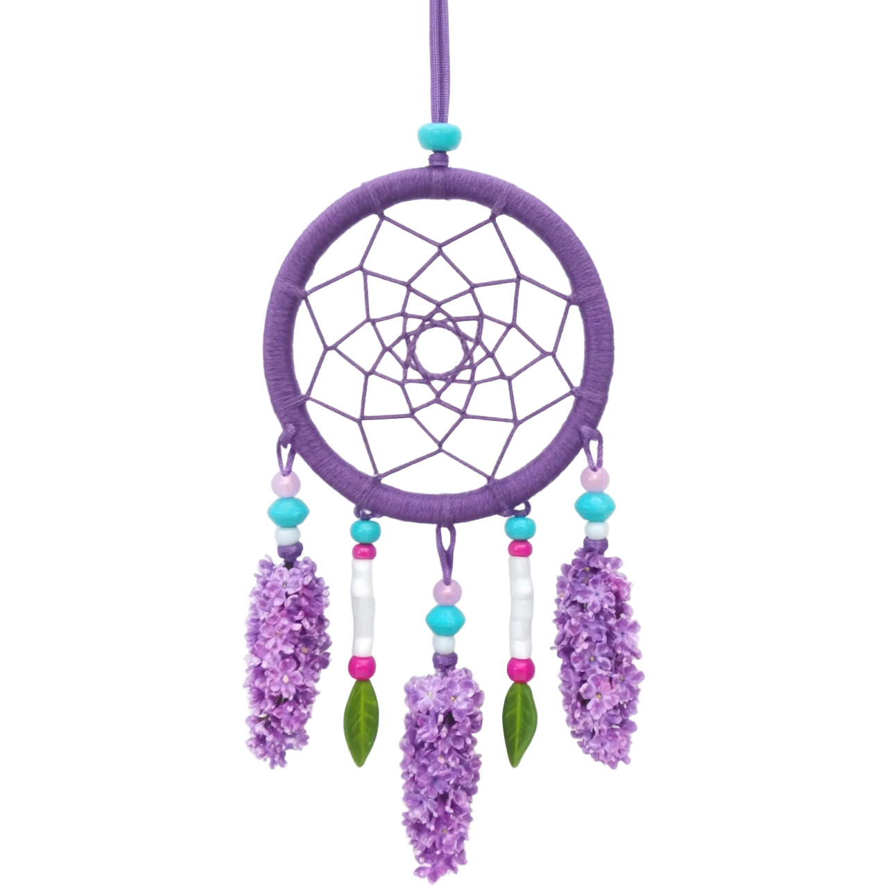 Lavender lilac pastel purple dreamcatcher-suncatcher with lavender flowers and lilac flowers attached, cyan beads, white beads, rose-pink beads, green leaves emoji