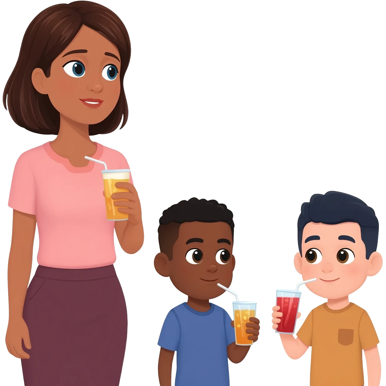 A woman emojie that looks after her old brothers one has a black skin two are light skinned while they are drinking emoji