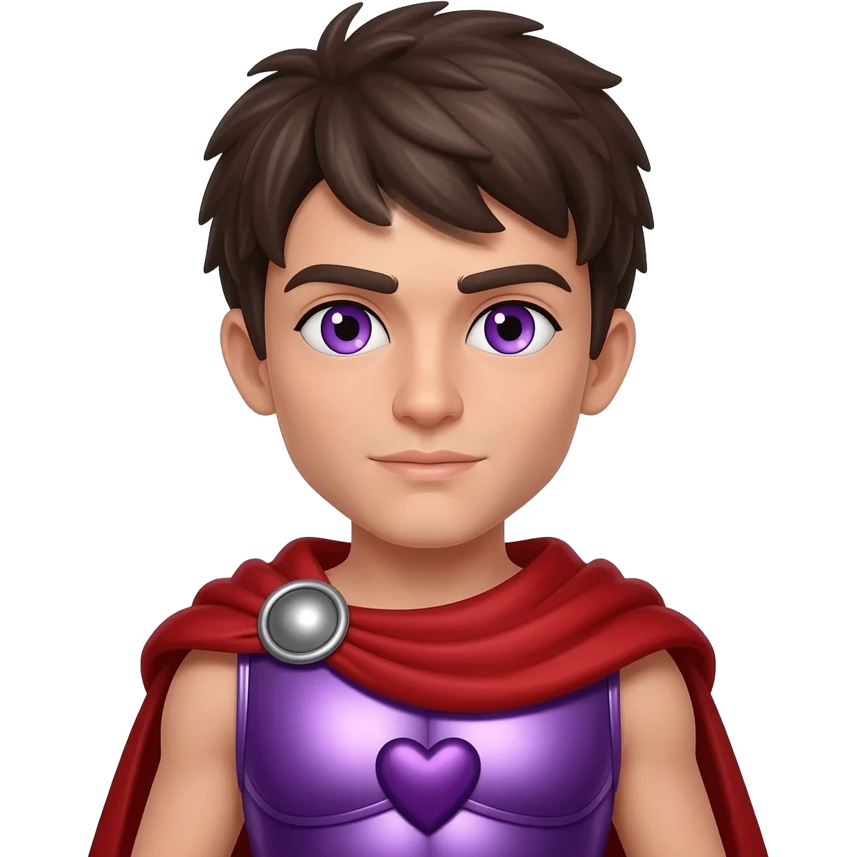 Liber from Roman Mythology with purple eyes, dark brown hair, purple heart metallic tunic, red metallic cloak emoji