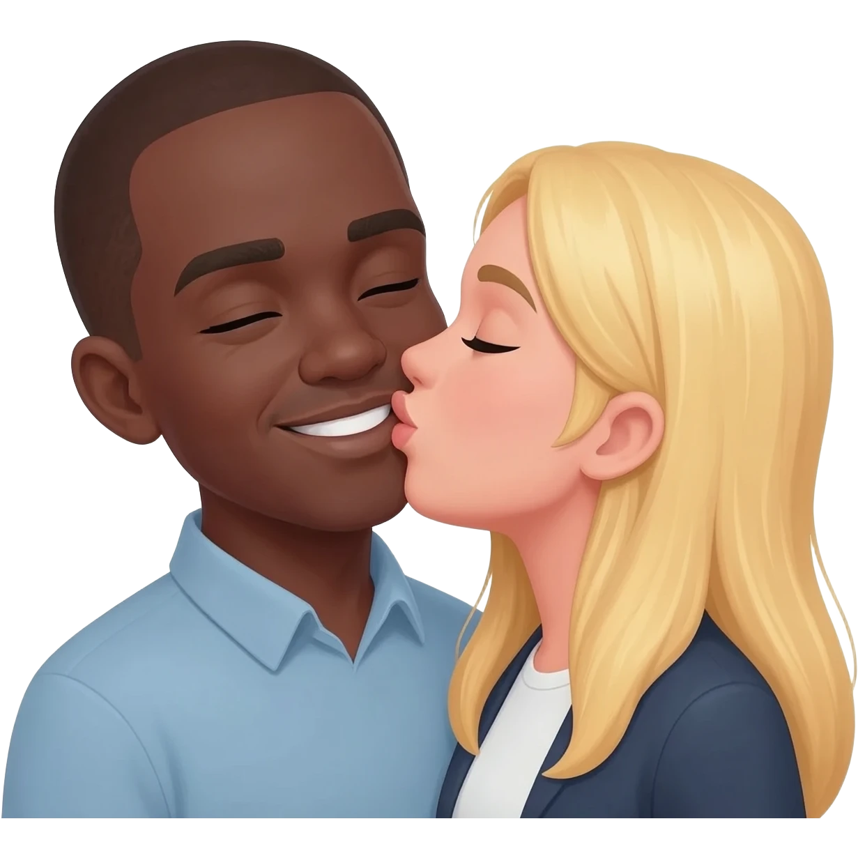 Blonde woman kissing black man with shaved head emoji