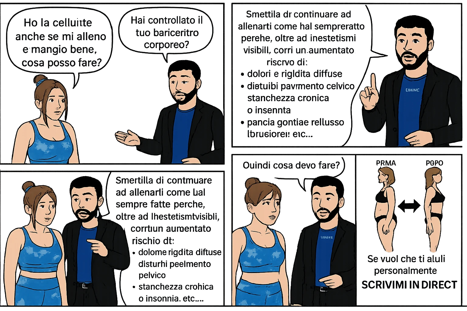 TRASFORMA QUESTO CAROSELLO IN UN FUMETTO CON QUESTE DUE PERSONE IDENTICHE CHE INTERLOQUISCONO TRA LORO:

Ho la cellulite anche se mi alleno e mangio bene, cosa posso fare?

Hai controllato il tuo baricentro corporeo?
Sapevi che se il peso del tuo corpo cade in avanti o da un lato, c’è un disallineamento fra bacino e torace, che comprimendo le coste, limita la motilità del diaframma e l’ossigenazione dei tessuti?
Il mio è il primo e unico percorso che lavora sugli inestetismi con un lavoro mirato sul baricentro corporeo.

Smettila di continuare ad allenarti come hai sempre fatto perché, oltre ad inestetismi visibili, corri un aumentato rischio di:
    • dolori e rigidità diffuse
    • disturbi pavimento pelvico
    • stanchezza cronica o insonnia
    • pancia gonfia e reflusso (bruciore)
    • etc…


Quindi cosa devo fare?
Commenta, qua sotto, con “simmetria” e ti mando un esempio del lavoro da fare. Lo stesso sistema con cui ho aiutato migliaia di persone, fra cui centinaia di donne a risolvere definitivamente gli inestetismi.
Metterei il prima e dopo

Se vuoi che ti aiuti personalmente
SCRIVIMI IN DIRECT emoji