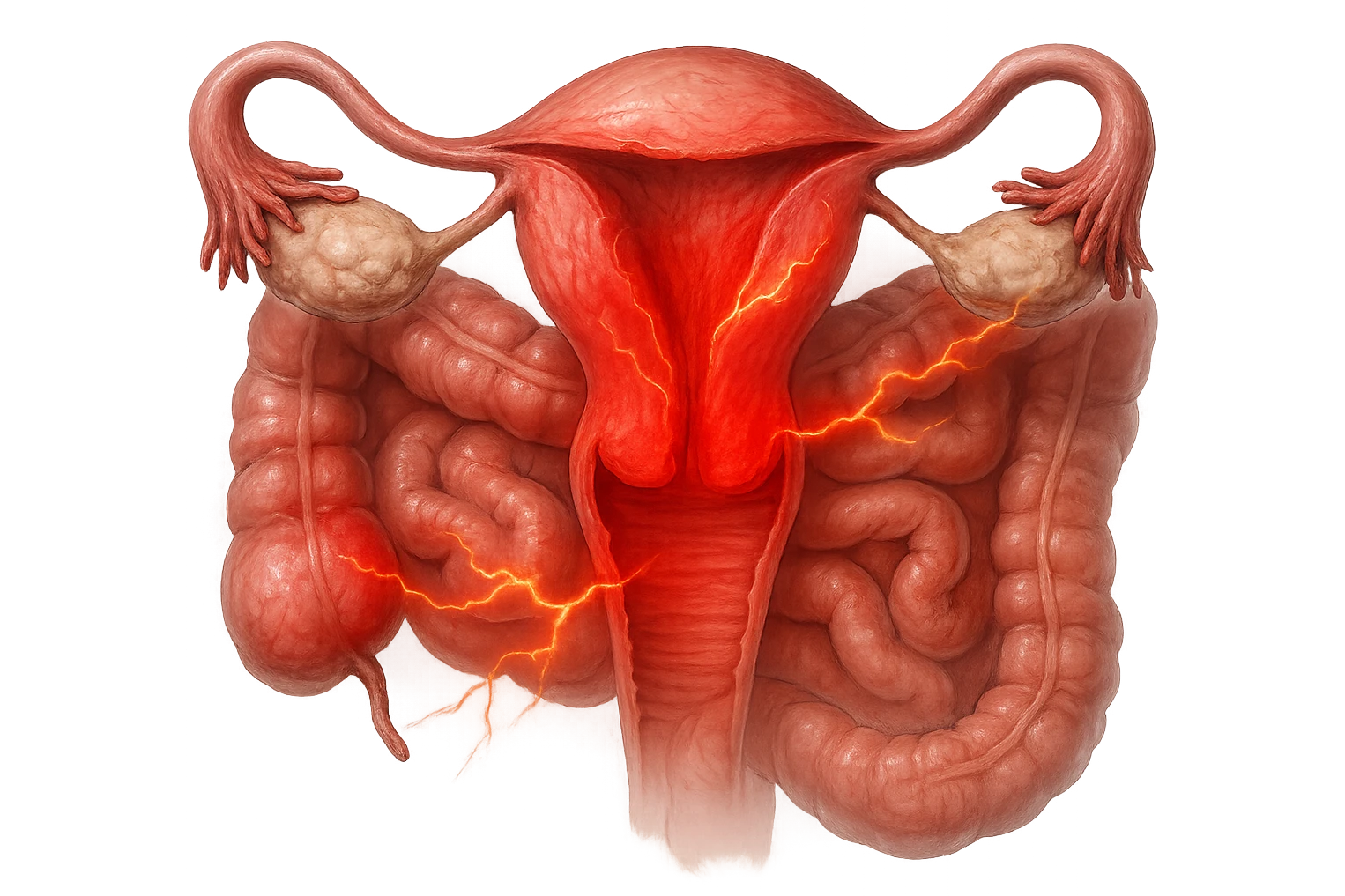 utero umano anatomico iperrealistico e intestino umano anatomico iperrealistico hanno in comune il dolore e l'infiammazione, rendi bene il collegamento tra i due organi doloranti emoji