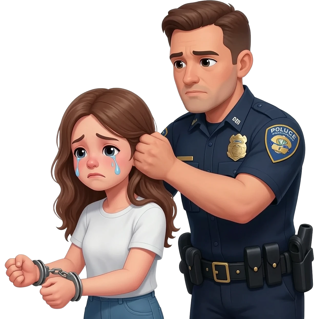 crying white teen girl in handcuffs hair being pulled from behind by a male cop emoji