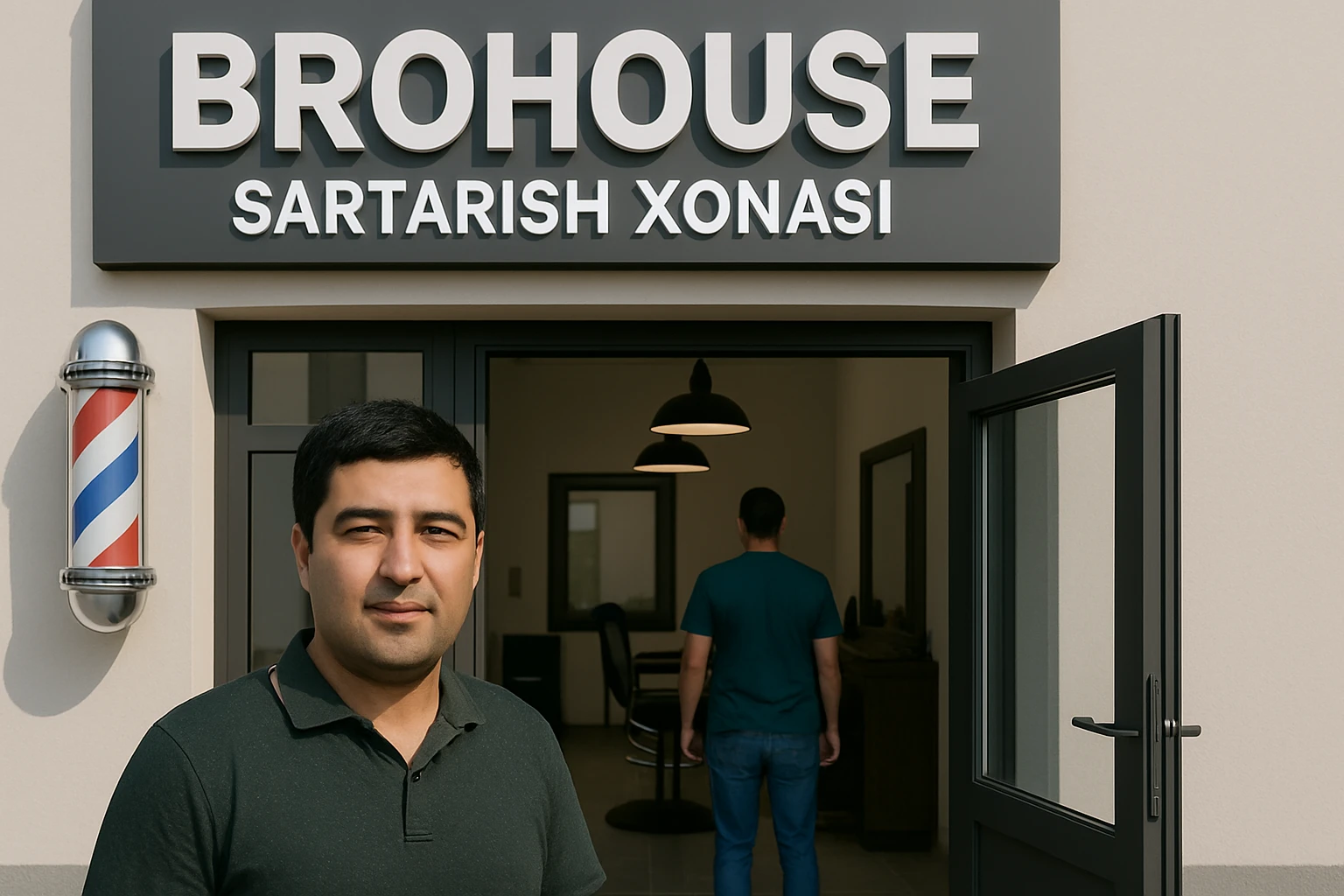 eni shu rasimga manashu odamga uxhshasin sartaosh eshik oldida tursin va tashqarida esa mijoz rasm esa 16 ga 9 bulsin 1920x1080 emoji