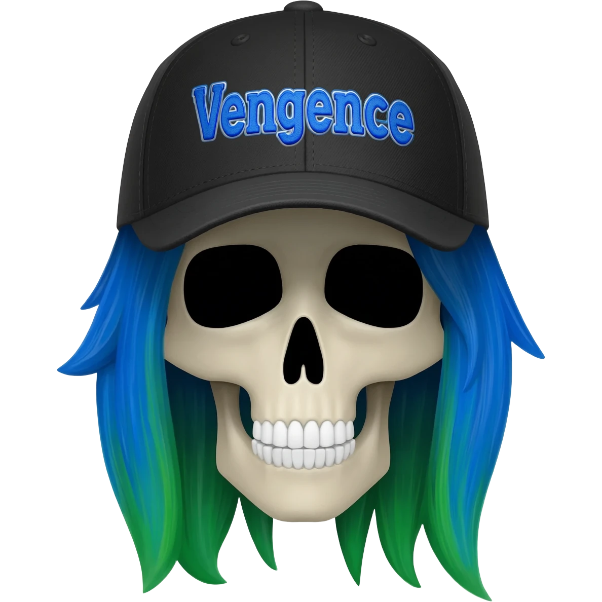 Create a skeleton head wearing a black baseball cap that says "Vengeance" in blue lettering, with long blue and green hair emoji