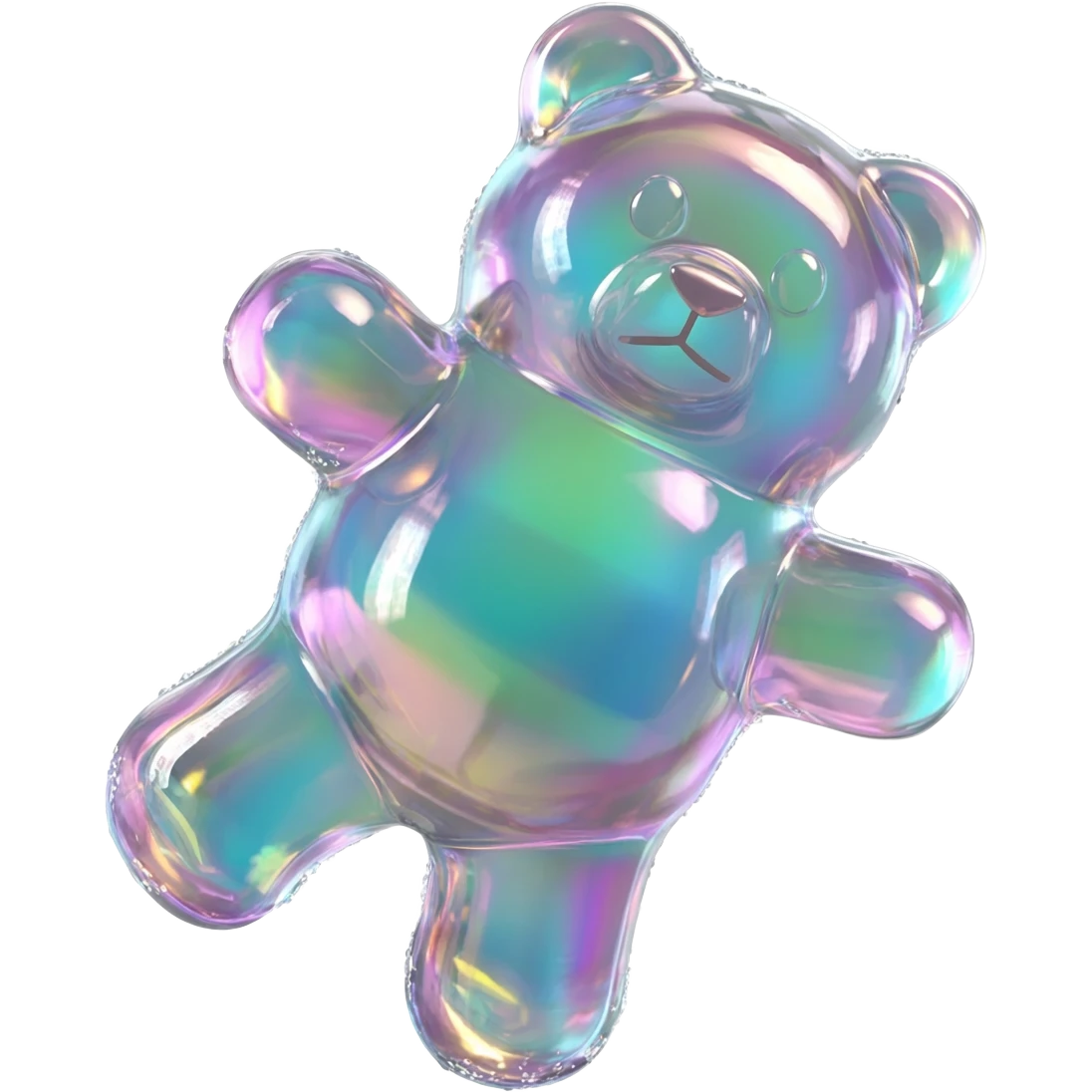 hyper-realistic 3D rendering of a translucent,  glistening iridescent holographic gummy bear mid-bounce, its plump body captured in dynamic motion as if frozen in time. The surface refracts light like real gelatin, with sticky highlights gleaming along its curved edges and subtle sugar granules  emoji