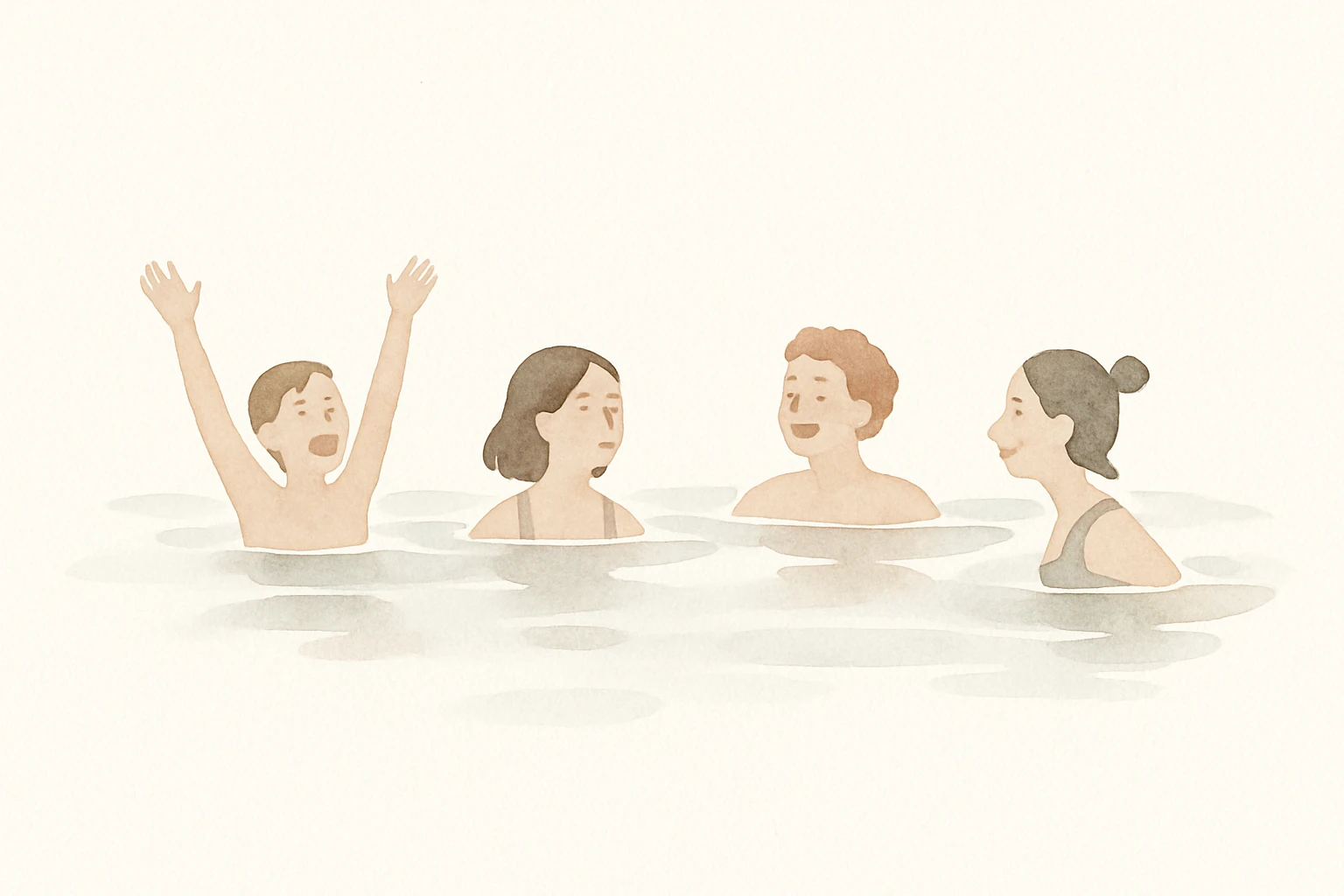 A group of friends swimming in a lake, joyful, soft watercolor style emoji