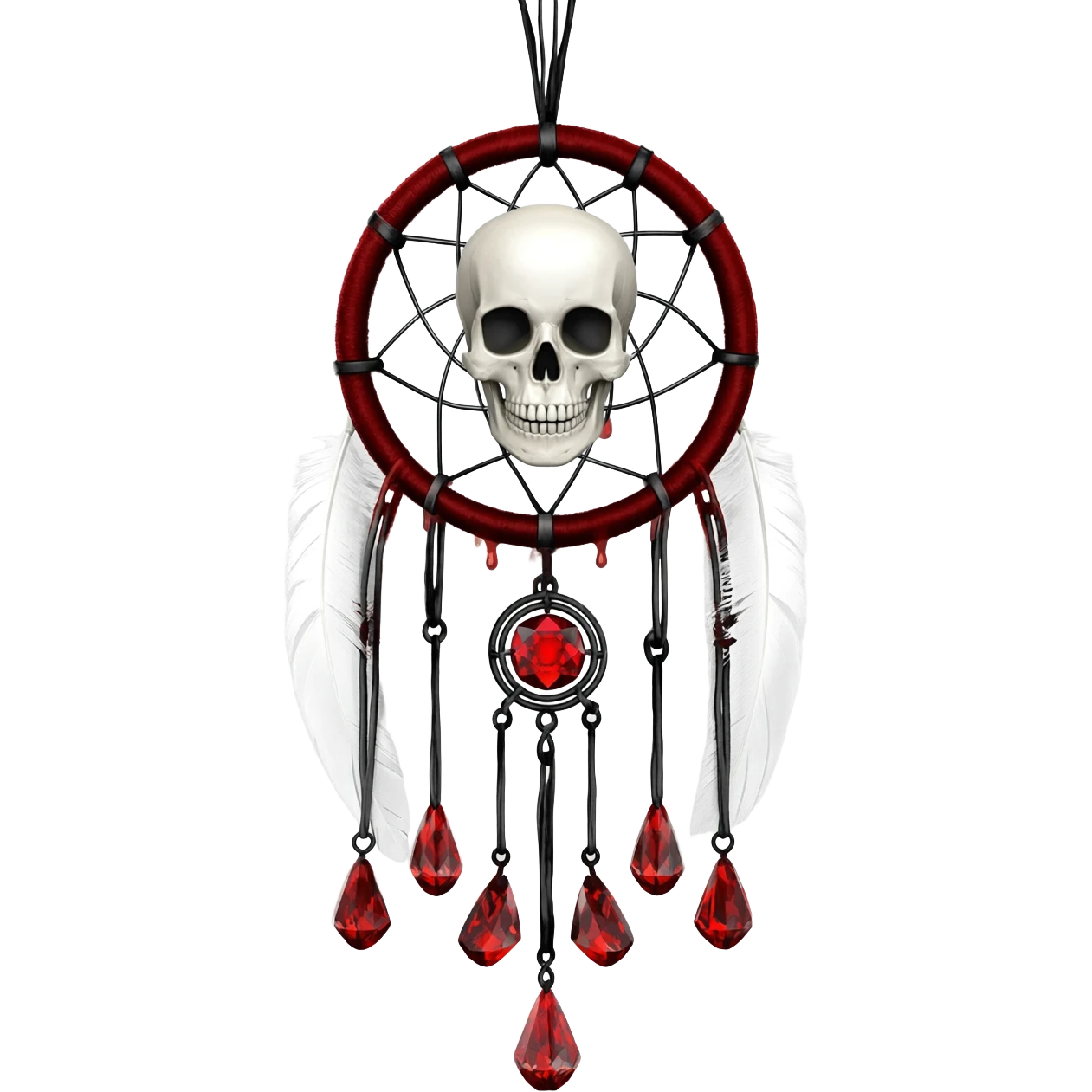 Blood-red, bloody, obsidian-black, edgy, dream catcher, red gemstones, black wire, black threads, skull, white feathers, badass, evil, gorgeous aesthetic, gothic decoration emoji