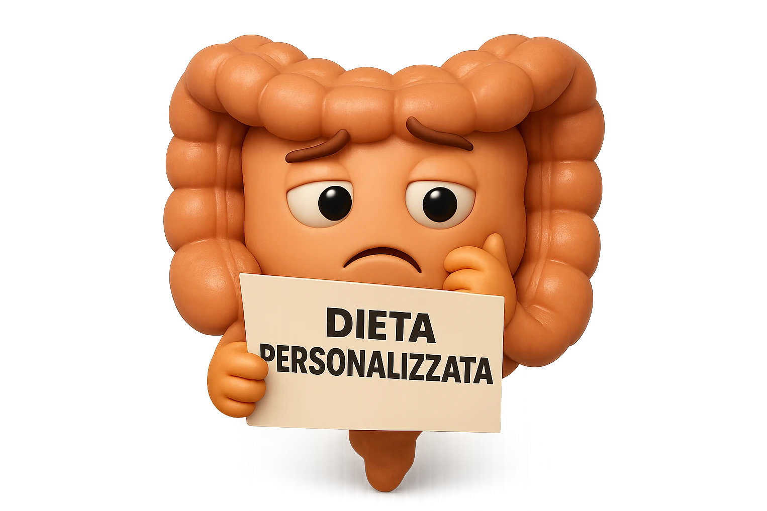 emoji stile iphone 3d di un intestino con mal di pancia che legge un foglio con la scritta "DIETA PERSONALIZZATA", ESPRESSIONE PENSIEROSA, iperrealistico 4k emoji
