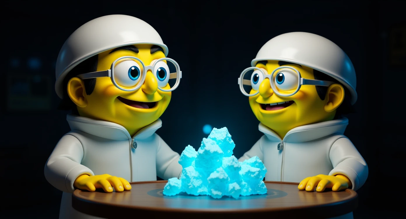 3D cienmatic cartoon shot, spongebob and patric dress in safety glasses and safe white outfit, the are standing front of table with blue crystals on table glowing (light source) science room in basement, back light, Cinema 4d render, proffesional lightning emoji