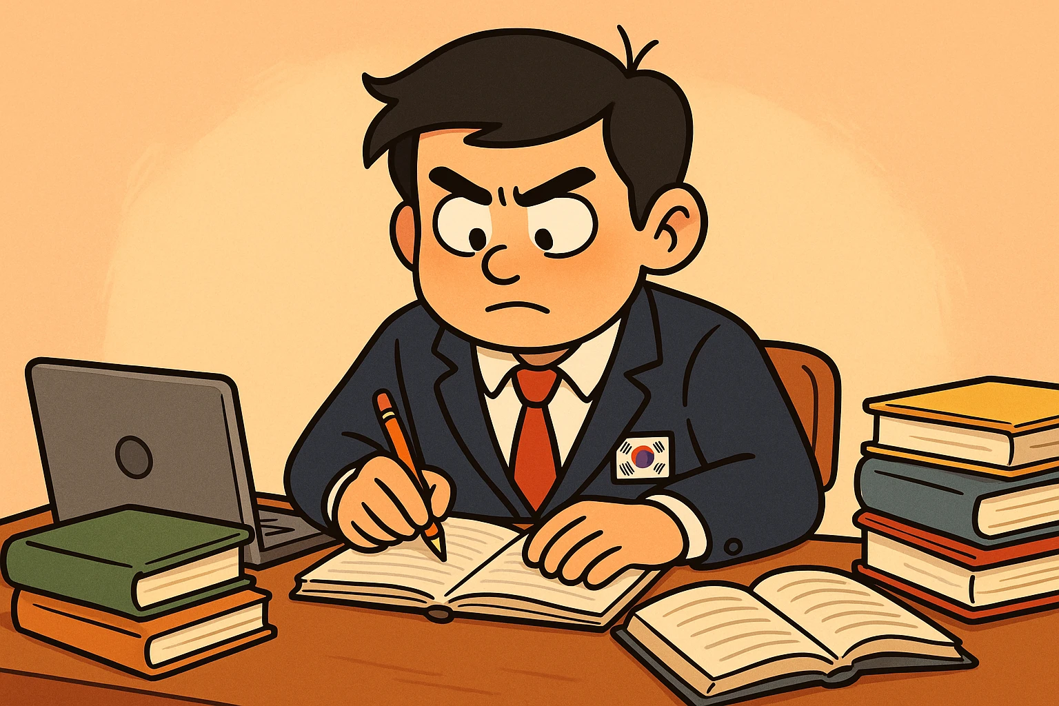 A South Korean high school student at a desk, surrounded by study materials, showing focus and perseverance, in a warm, uplifting style emoji