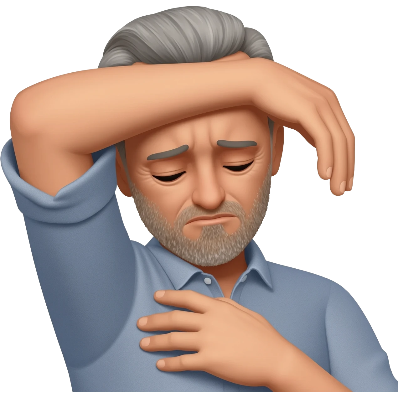 A man who is depressed with his left arm draped over his head so the inside of his left elbow is on his head and his left hand is touching his right shoulder emoji