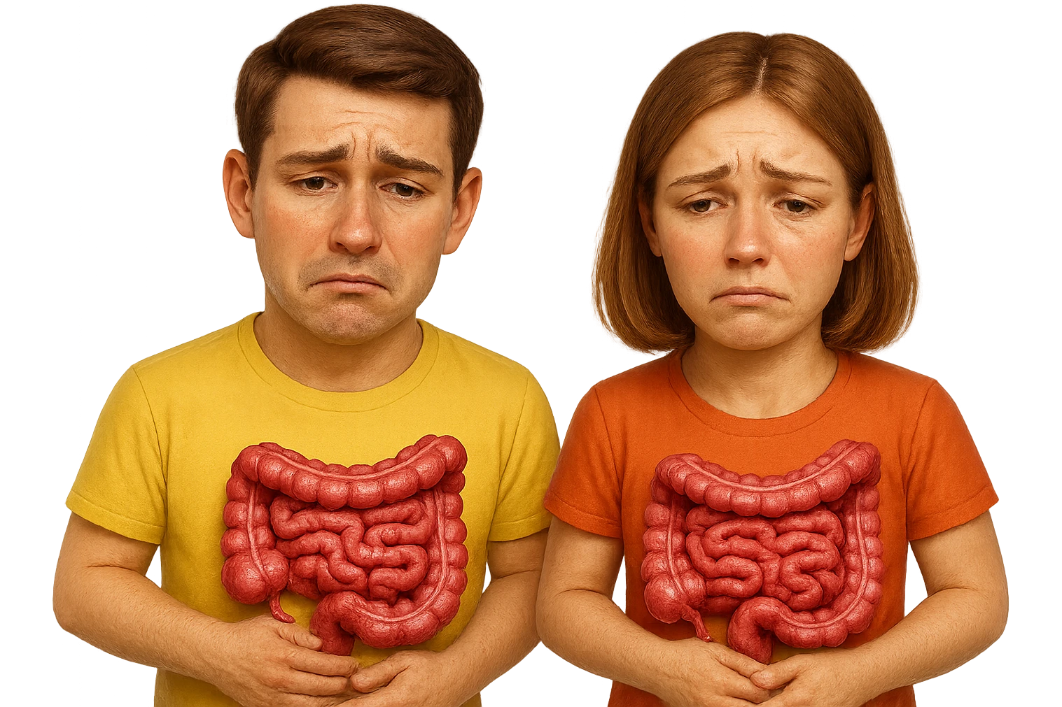 emoji stile iphone di un uomo e una donna con espressione triste ed intestino realistico, mal di pancia, iperrealistico 4k emoji