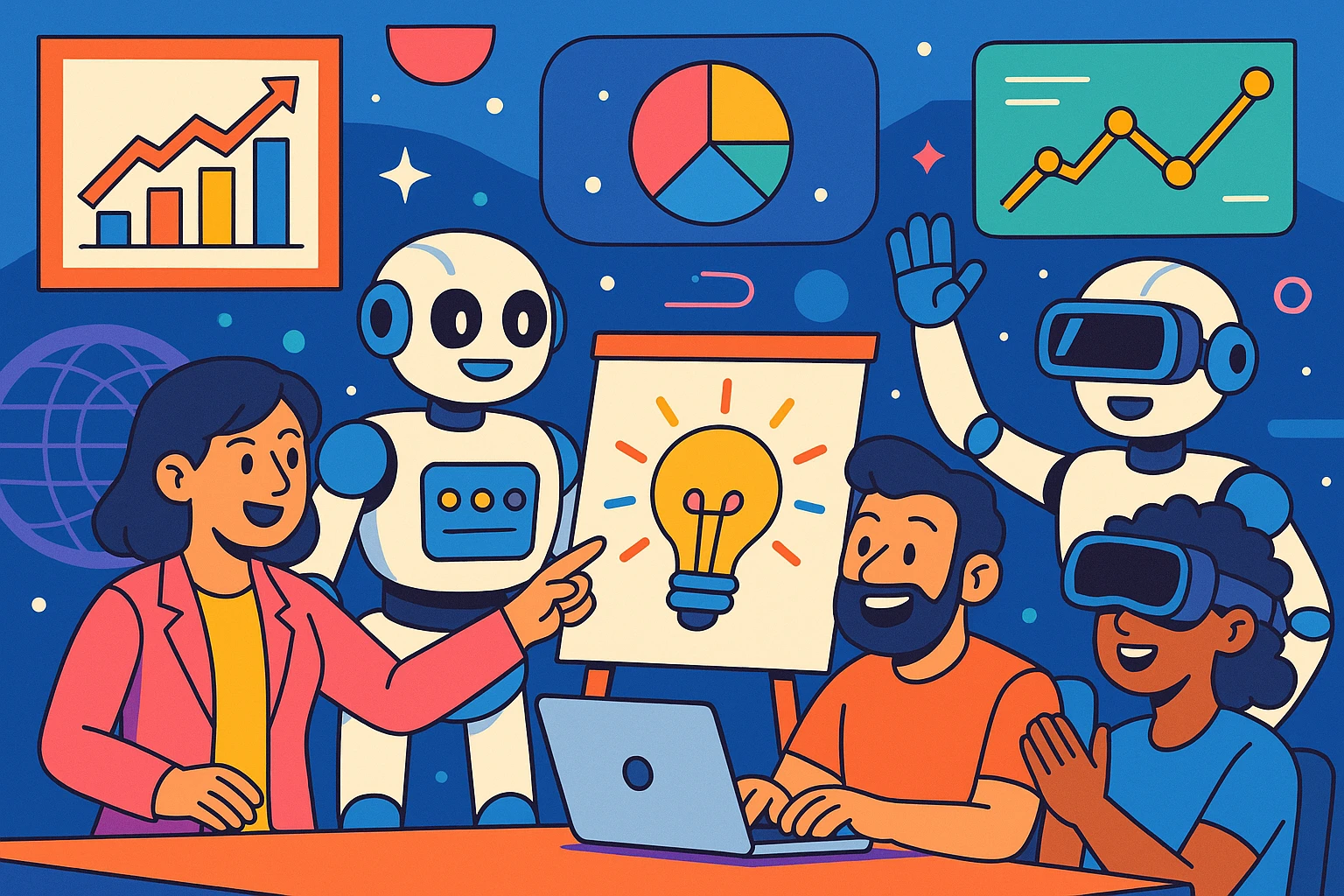 conceptual illustration of the future of marketing: robots and humans collaborating on creative campaigns, surrounded by floating data charts and virtual reality elements, colorful cartoon style emoji