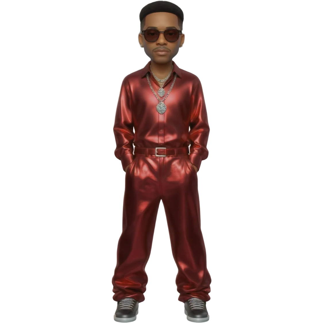 Ginuwine, R&B Singer with black short hair, red metallic shirt, burgundy metallic baggy pants, silver necklace emoji