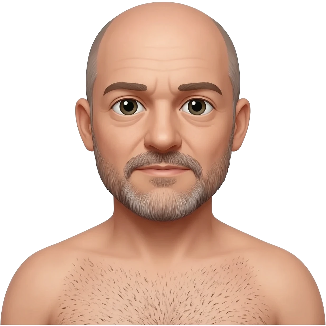 Bald 40 year old man with mustache and beard. Slightly hairy chest emoji