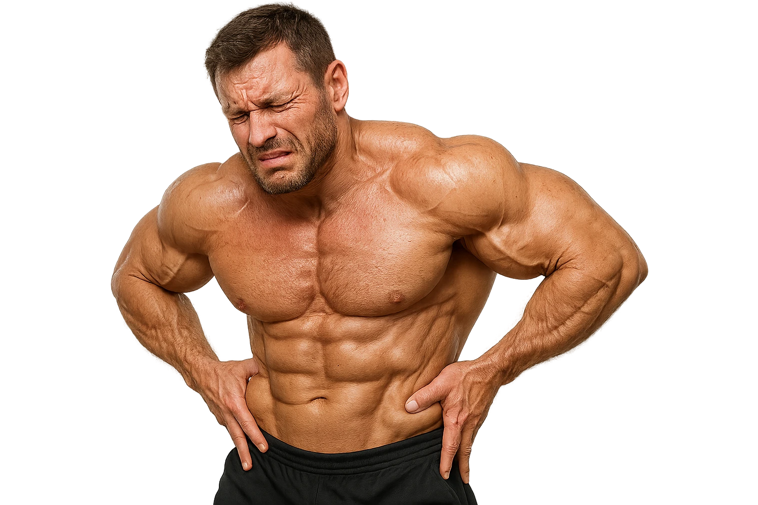 BODYBUILDER CHE SI INDICA I FIANCHI CON ESPRESSIONE AFFLITTA, ISOLATO SU SFONDO BIANCO, IPERREALISTICI 4K emoji