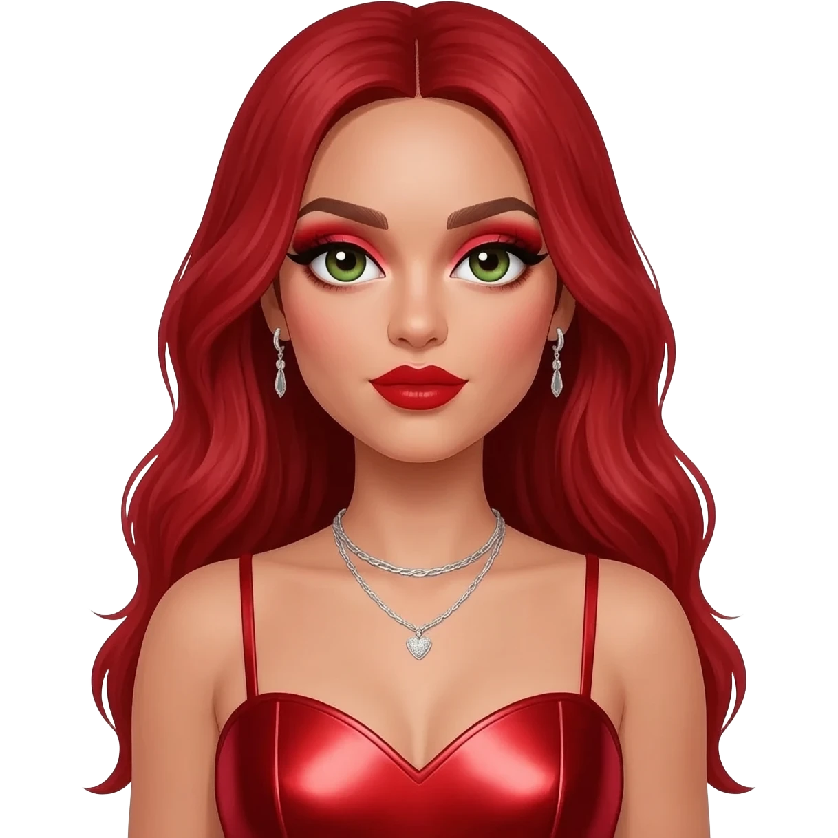 from Little Mix with hazel-green eyes, long red hair, red eyeshadow and lipstick, red metallic sweetheart dress, silver necklace with earrings emoji