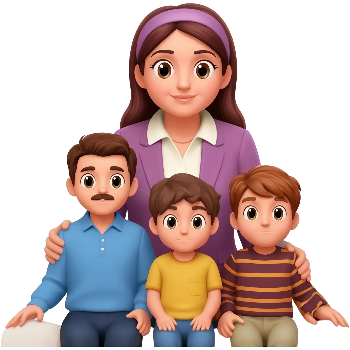 Bir kadın bir kocası iki de erkek çocuk arkaları dönük bı şekilde oturuyorlar kadın ferce giymiş emoji