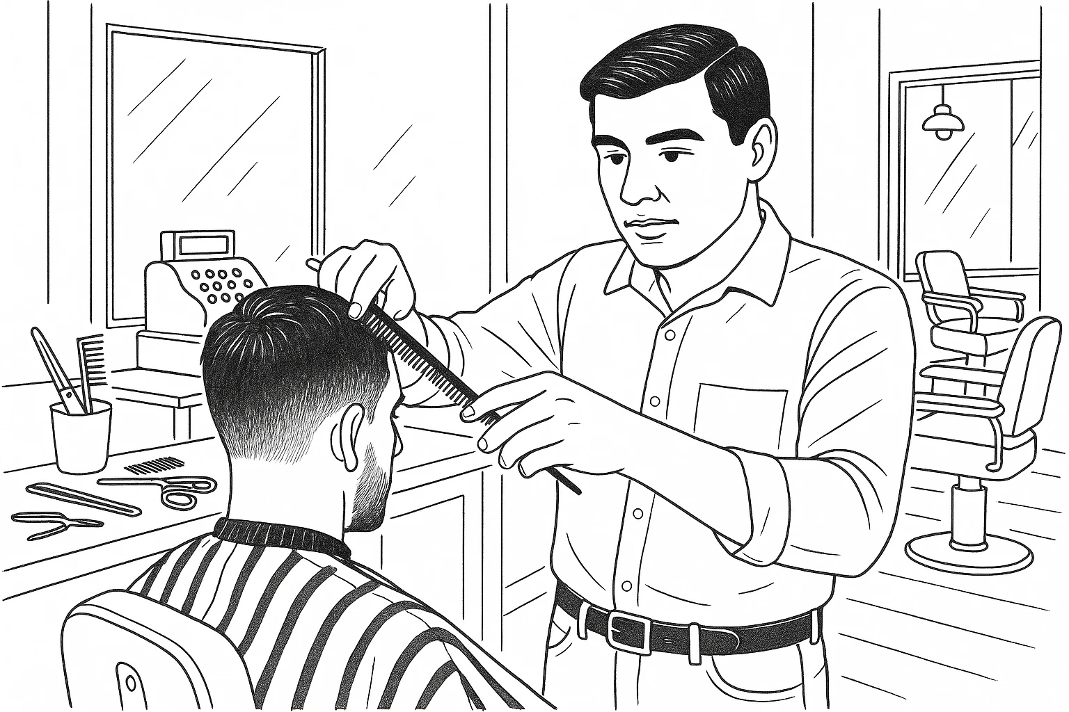 Draw me a sketch of the barbershop, but make sure there's a cash register there. emoji