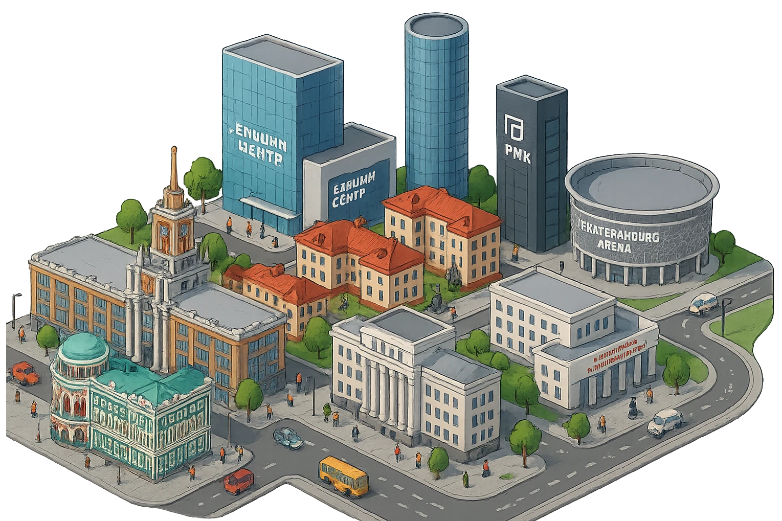 Изометричная миниатюрная фотореалистичная 3D модель Екатеринбурга - Дом Севастьянова, Ельцин-центр, Уральский федеральный университет, дома, Екатеринбург Арена, Штаб-квартира Русской медной компании, Здание Свердловского городского совета народных депутатов, четкие линии, яркие цвета, мультяшный реализм, люди, автотранспорт, компактная композиция, вид сверху в изометрии, прозрачный фон emoji