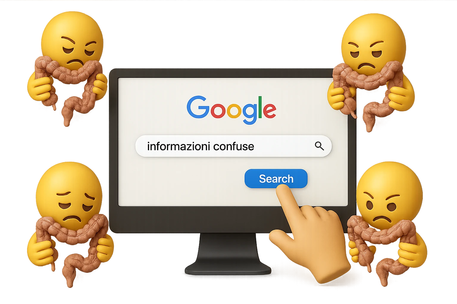 SCHERMO DI PC CON LA SCRITTA "informazioni confuse" SULLA BARRA DI RICERCA GOOGLE SULLO SCHERMO E IL CLICK DEL MOUSE SULLA SCRITTA CERCA, stile emoji iphone fluttuano in aria stringendo in mano un pezzo di colon intestinale, iperrealistico 4k emoji