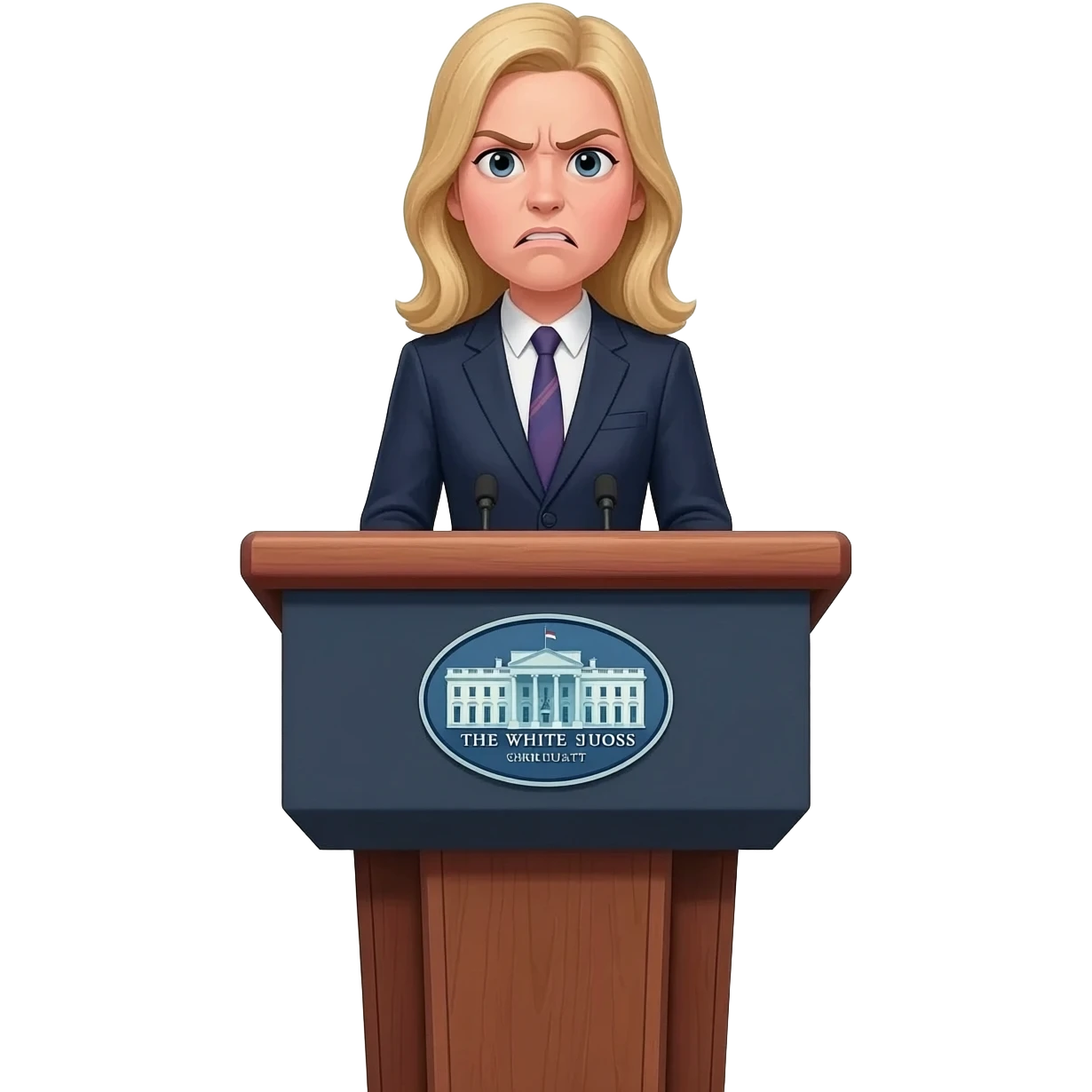Karoline Leavitt behind the iconic White House briefing podium, with a pissed off dumb bitch face in a realistic photo like style, full body, blonde hair 20 years old emoji