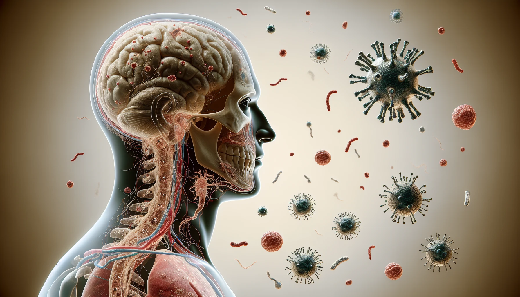 corpo umano anatomico di profilo con virus e parassiti che cercano di attaccarlo , sfondo neutro chiaro, iperrealistico 4k emoji