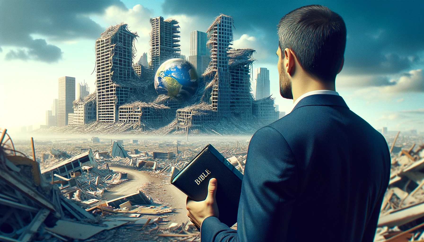 UOMO DI SPALLE DAVANTI AD UNA CITTà SMANTELLATA SENZA MURA CON UNA BIBBIA IN MANO, GUARDA LA CITTà, IPERREALISTICO 4K emoji