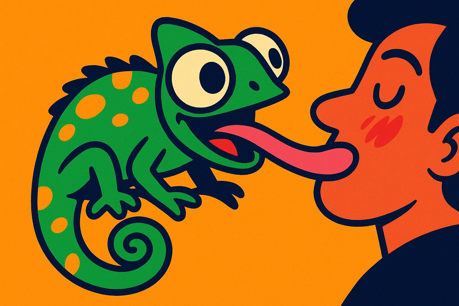 playful cartoon style chameleon with big eyes licking someone's face emoji