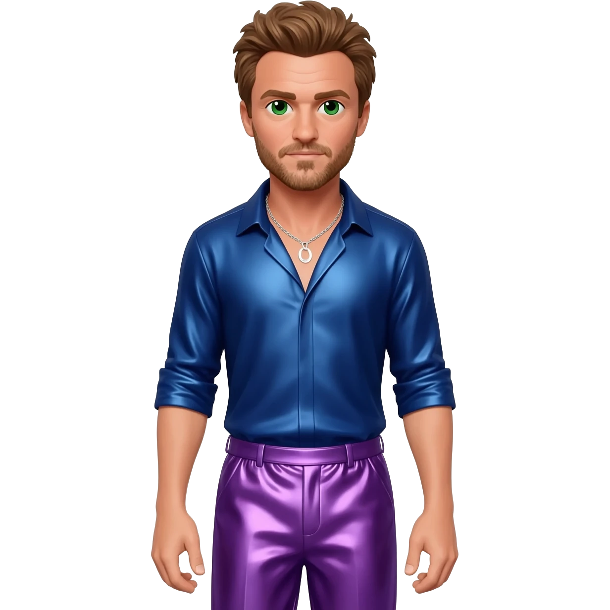 Jeremy Renner with green eyes, sandy brown hair, indigo metallic shirt, purple metallic baggy pants, silver necklace emoji