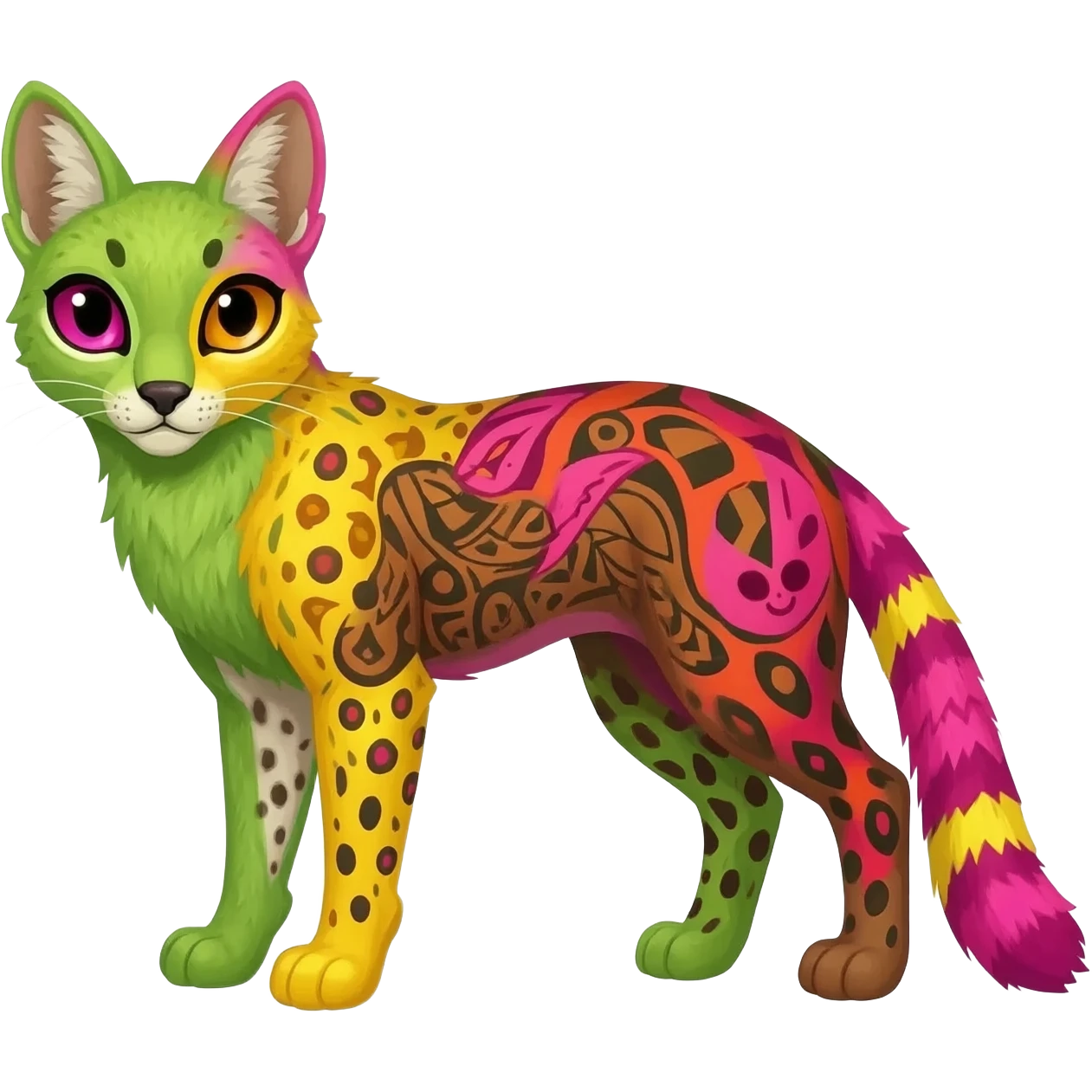 Colorful cute adorable tropical exotic fruity kiwi-green lemony rosy neon-red Caracal-Cheetah-Civet-Trico-fusion-hybrid-animal-creature, full body, with tribal tattoos emoji